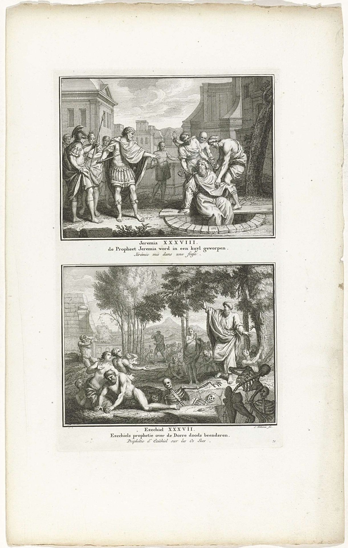 Jeremia wordt in een kuil geworpen en het visioen van Ezechiël by Jacob Folkema