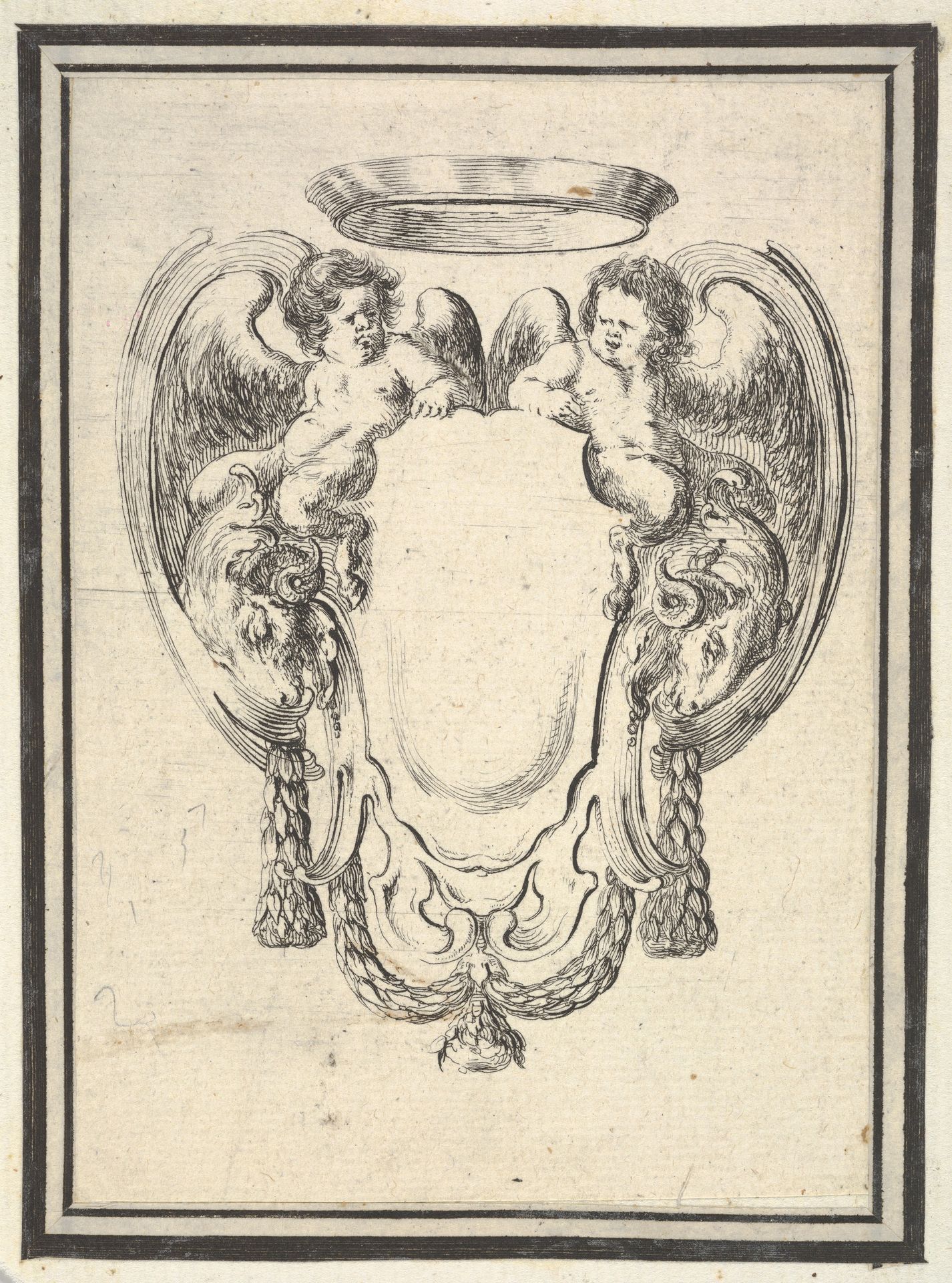 Plate 12: a cartouche flanked by two winged infant satyrs riding on the heads of two rams, from 'Nouvelles inventions de Cartouches' by Stefano della Bella