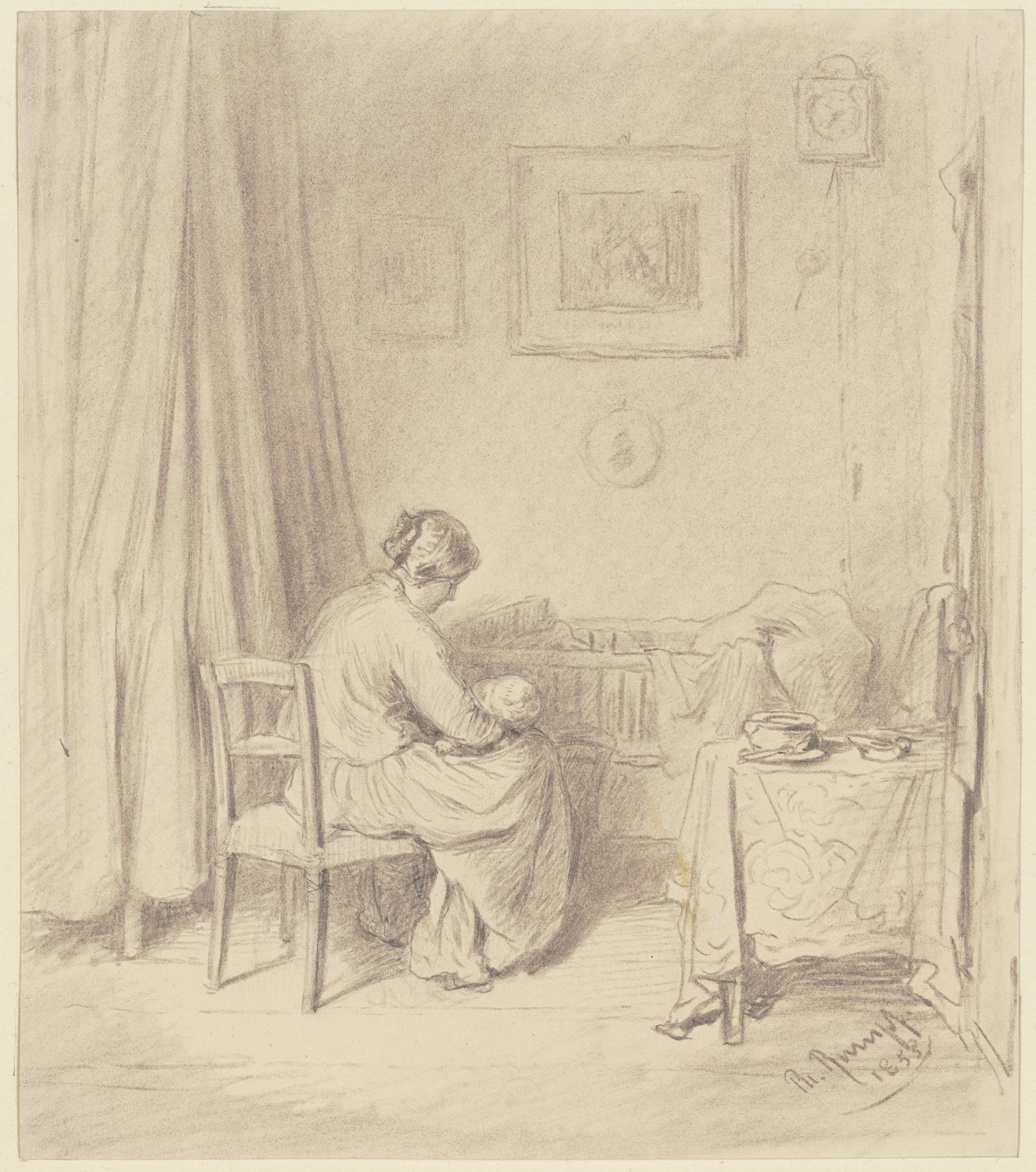 Frau, am Bett eines Kindes sitzend, dieses in ihren Armen in den Schlaf wiegend by Philipp Rumpf