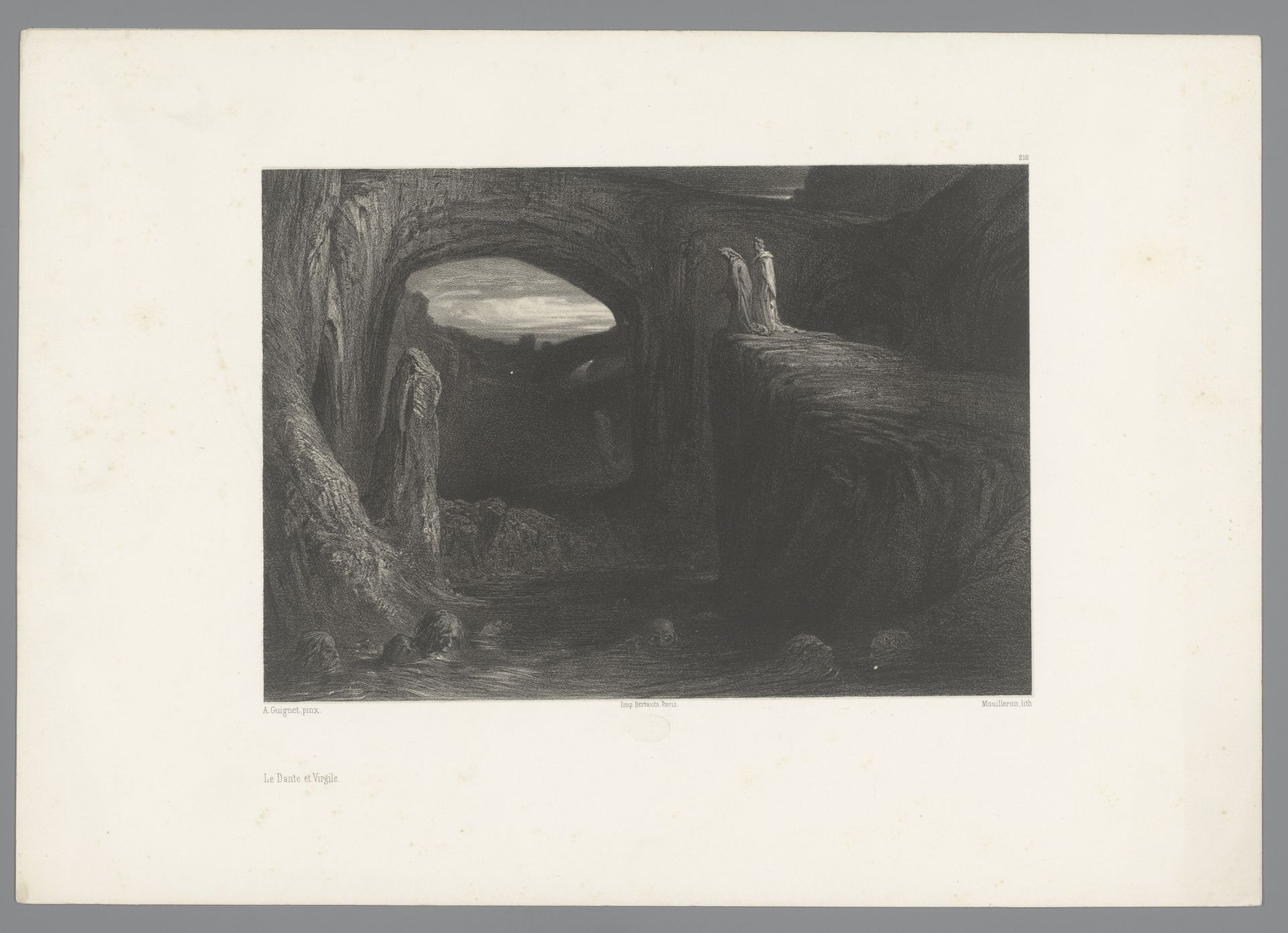 Dante en Vergilius staan aan rivier met zwemmende mensen by Adolphe Mouilleron