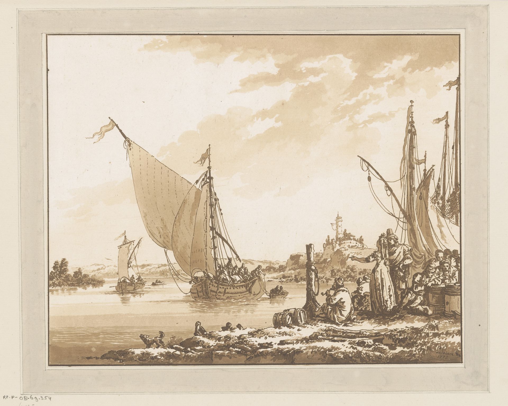 Kustlandschap met boten en figuren aan wal by Jean Baptist Leprince