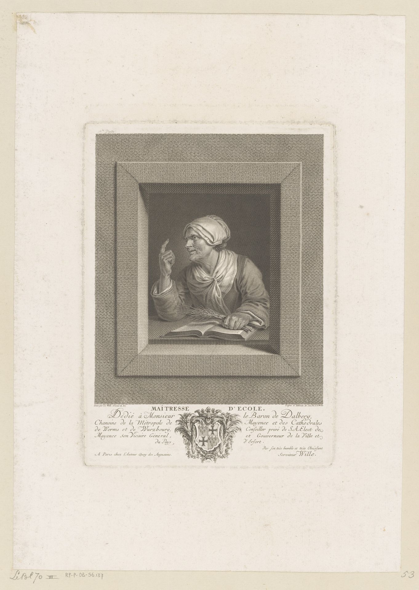 Oude vrouw met roede en een opengeslagen boek by Johann Georg Wille