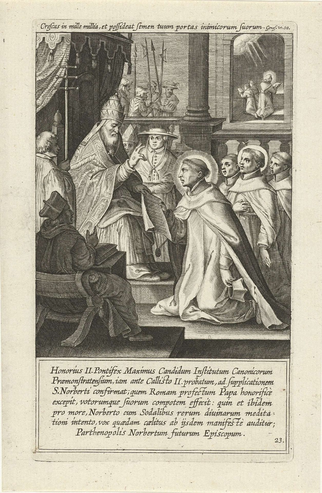 Paus Calixtus II geeft toestemming aan de heilige Norbertus by Cornelis Galle I