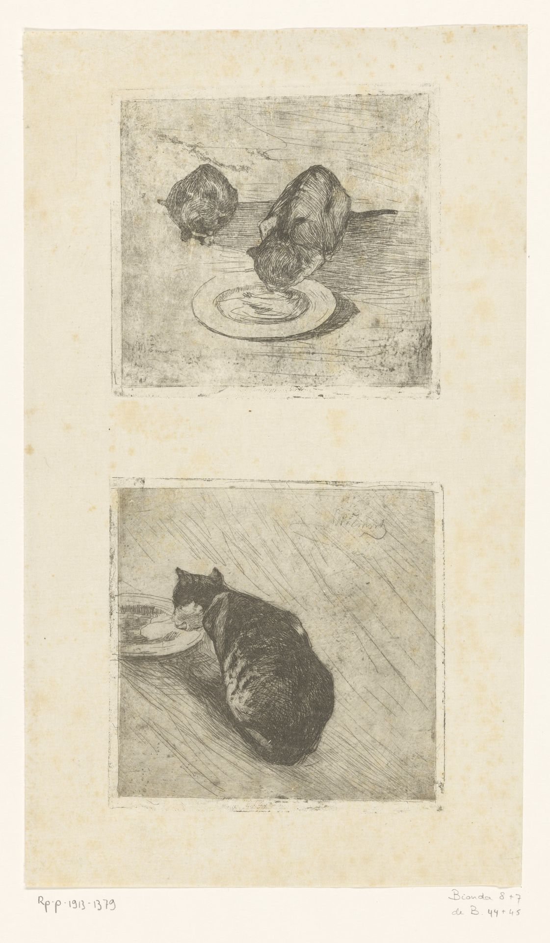 Prent met twee katten, één drinkend uit een bord en een prent met een drinkende kat by Willem de Zwart