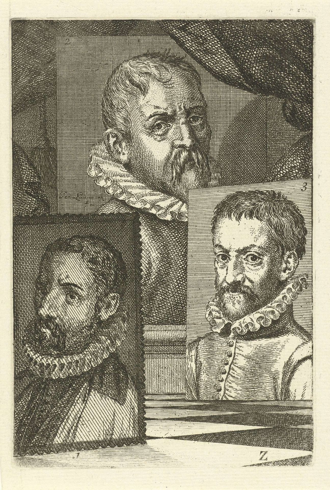 Portretten van Anthonie Blocklandt, Dirck Barendsz. en Dominicus Lampsonius by Jan l' Admiral