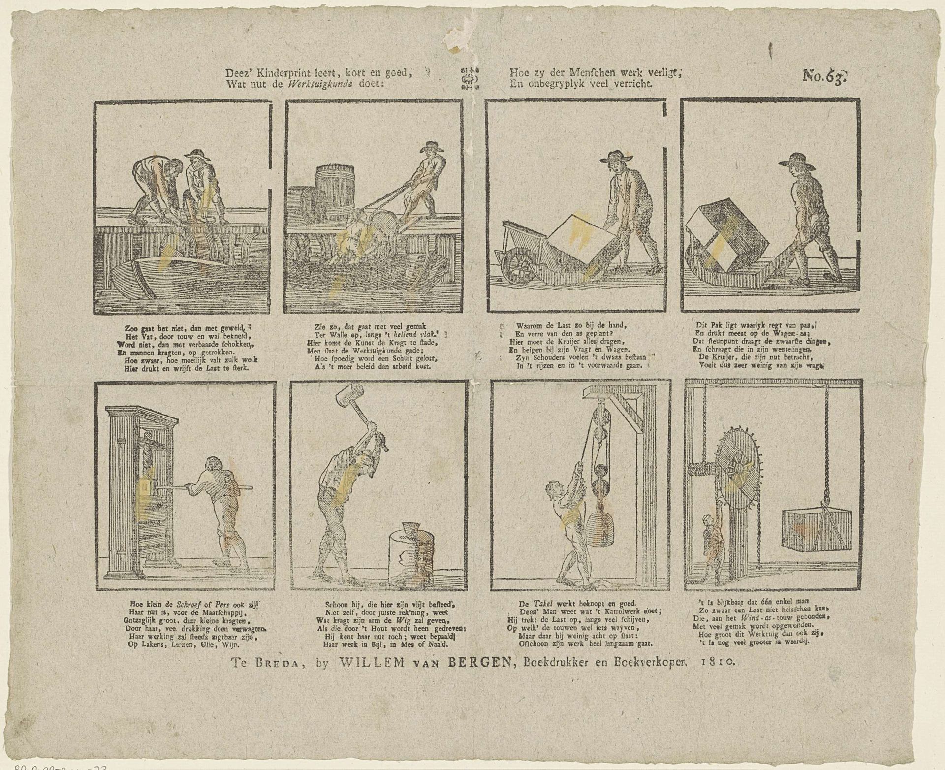 Deez' kinderprint leert, kort en goed, / Wat nut de werktuigkunde doet. / Hoe zy der menschen werk verligt, / En onbegryplyk veel verricht by W. van Bergen
