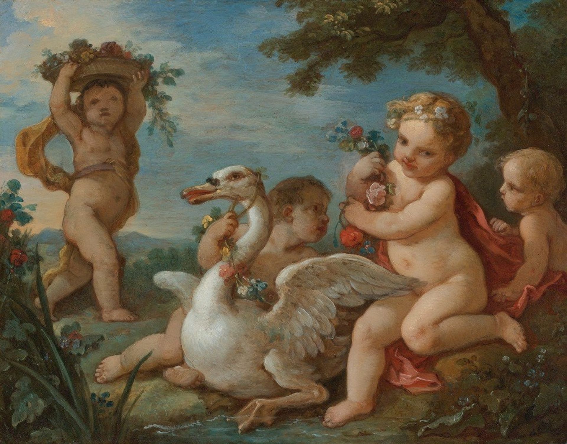 Putti Adorning A Swan With A Garland Of Flowers by Charles-Joseph Natoire