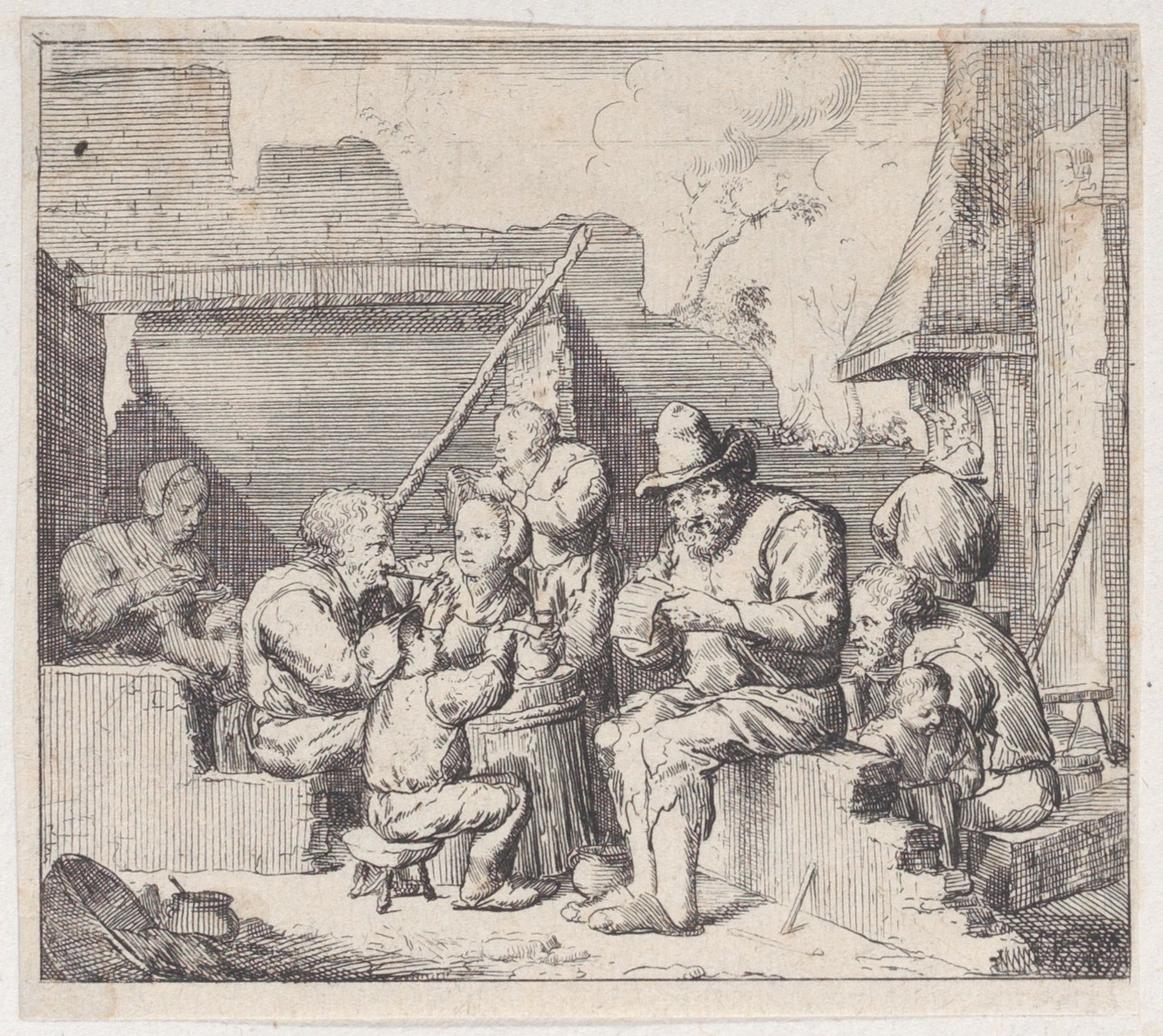 Ten peasants in a ruined house with a seated man at center reading a paper by Jacques Dassonville
