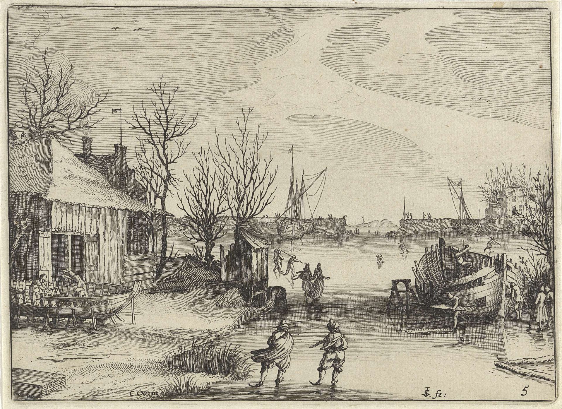 Scheepswerf aan een bevroren kanaal by Claes Jansz. Visscher