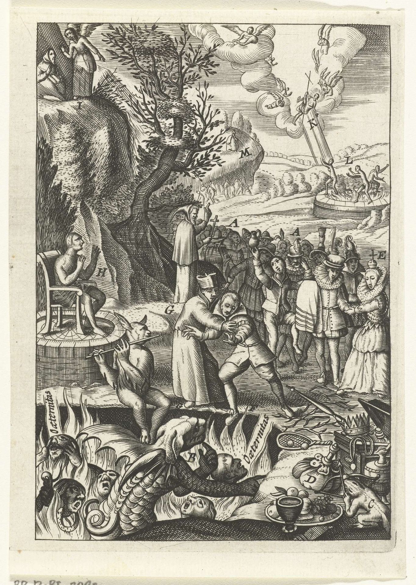 Embleem met bisschop die een man beschermt tegen de verzoekingen van een duivel by Anonymous