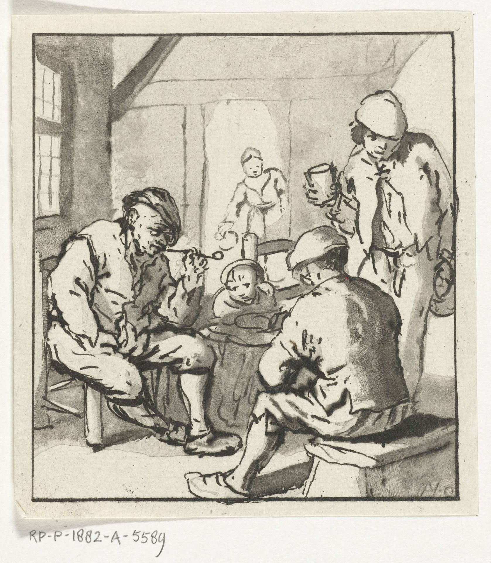 Interieur met boerenfamilie by Leendert Brasser