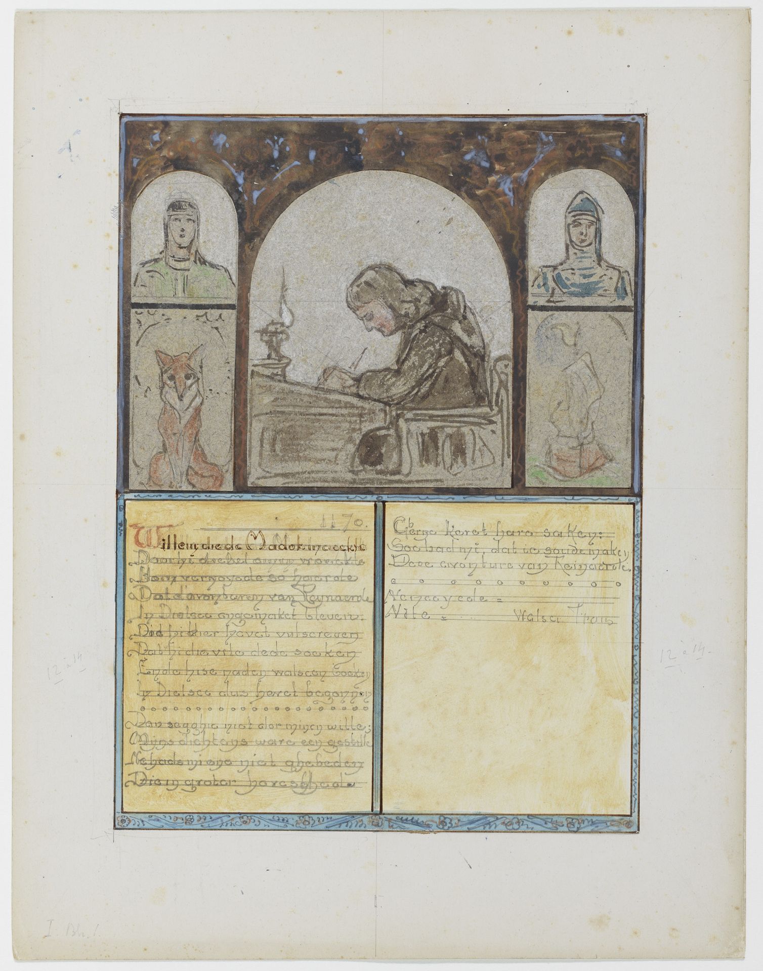Ontwerp voor Illustratie (fol. 1): Van den Vos Reinaerde, In het midden de schrijver Willem by Bernard Willem Wierink