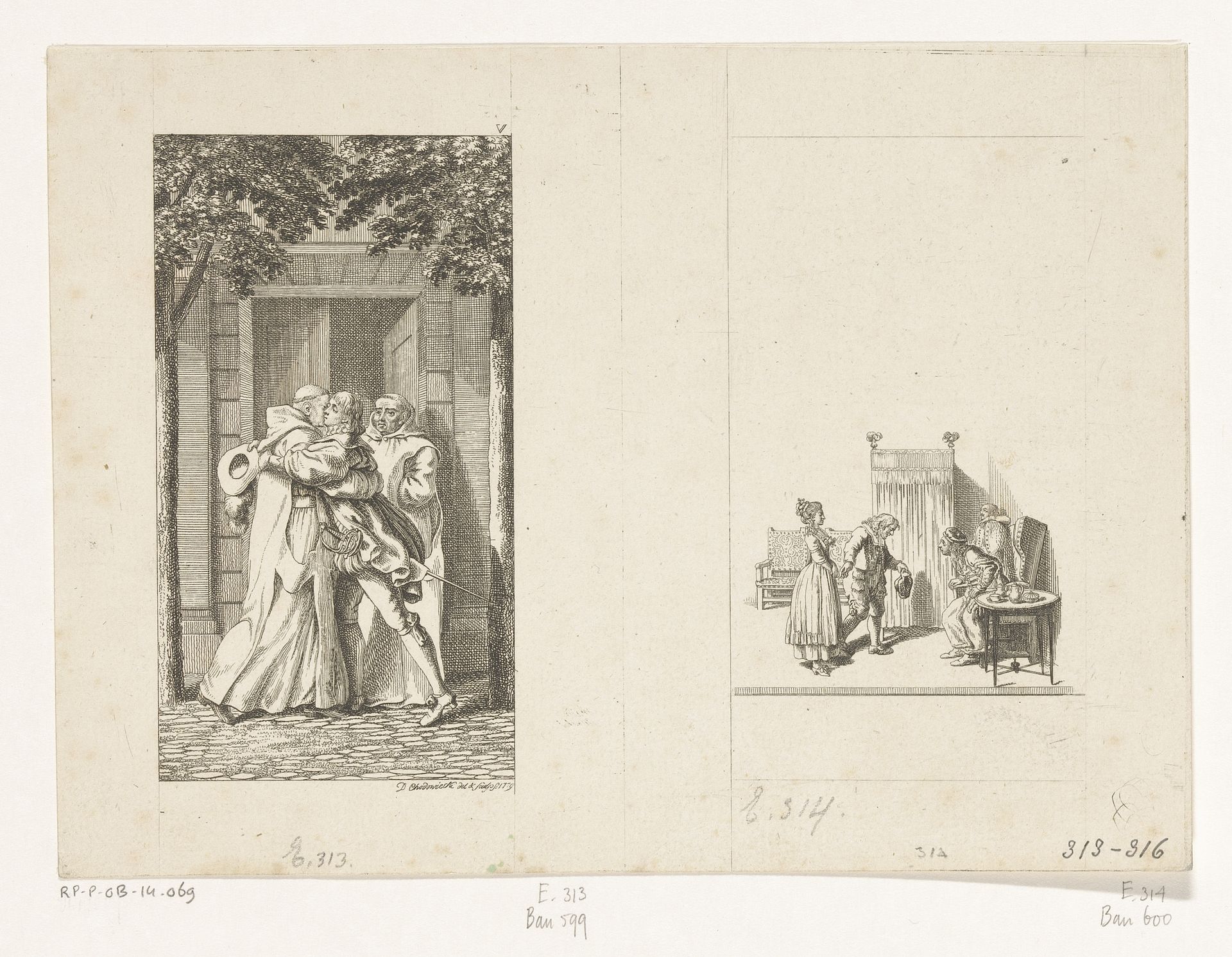 Gil Blas omhelst broeder Hilario en vignet met Antonie voorgesteld aan Gil Blas by Daniel Nikolaus Chodowiecki