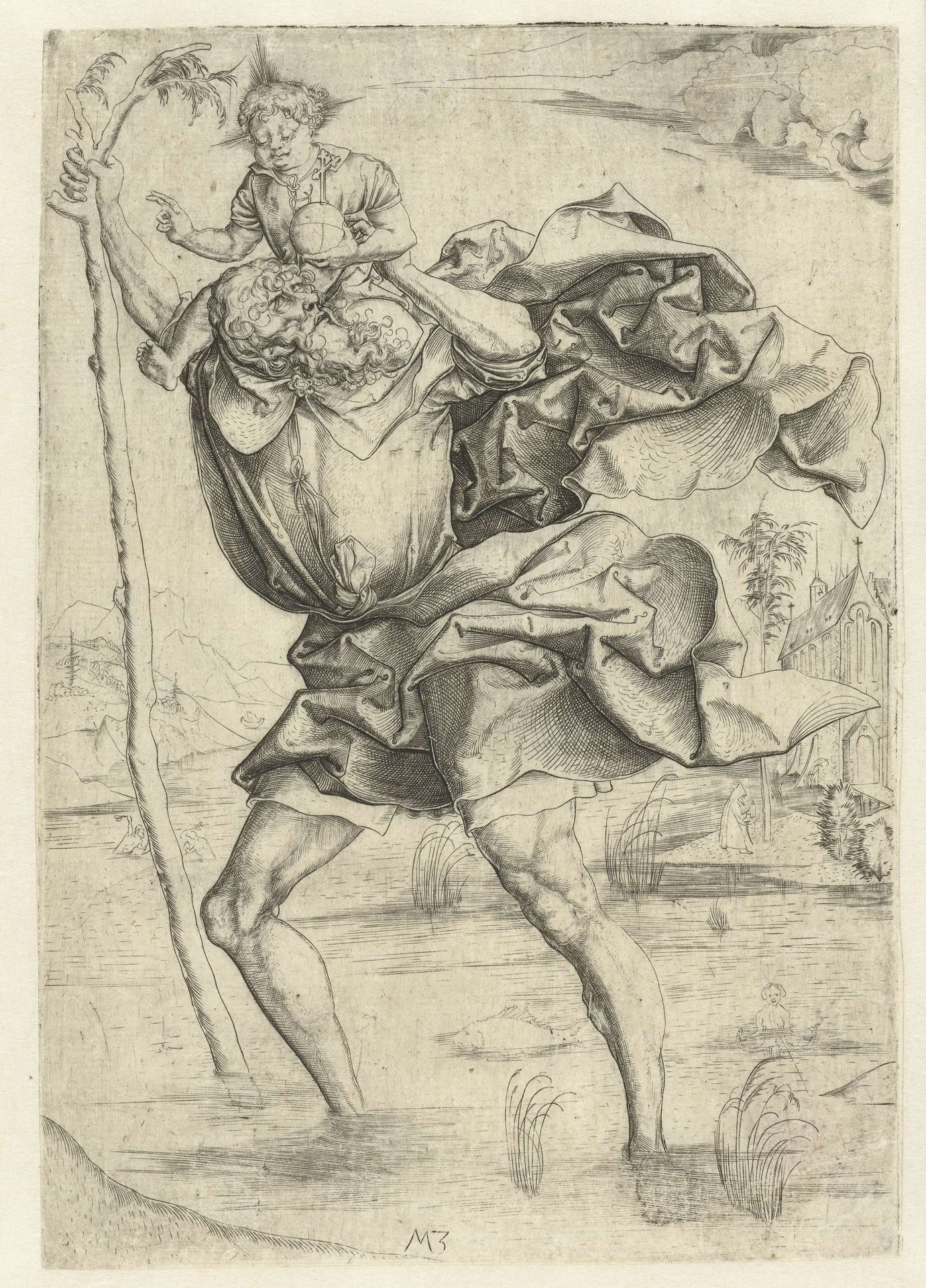 De Heilige Christoffel draagt het Christuskind by Monogrammist MZ