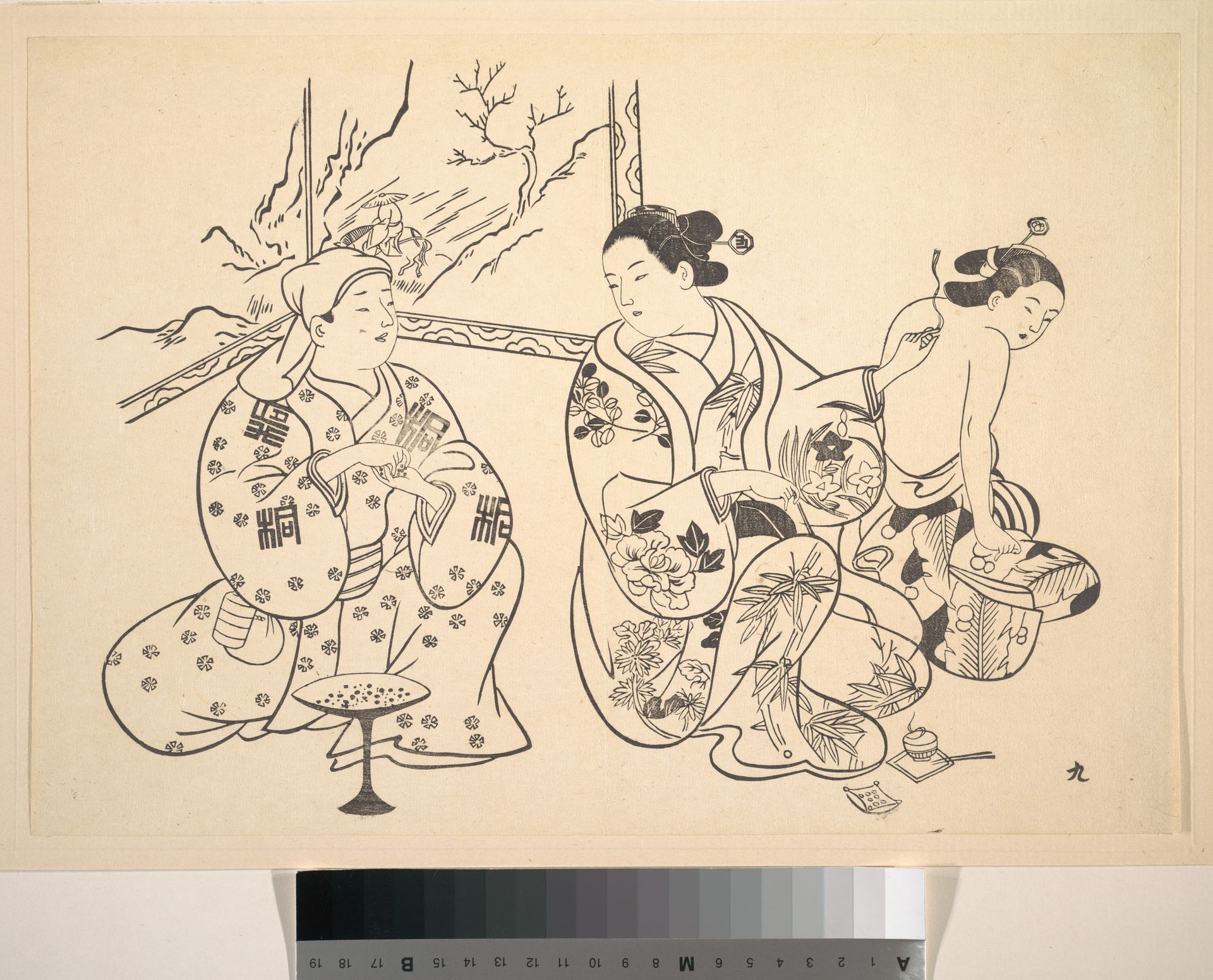 An Oiran Seated in a Parlor Applies the Fire Treatment to the Bared Back of Another Woman by Okumura Masanobu