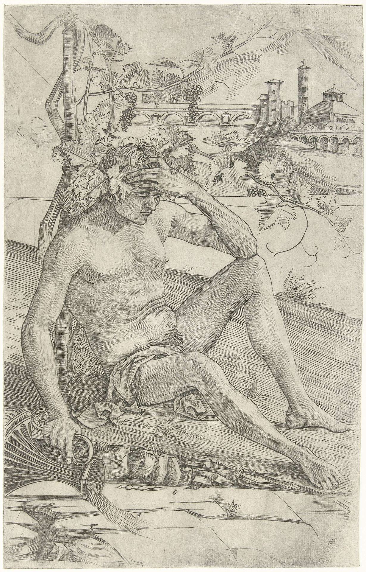 Dronken Bacchus zit bij wijnstok met wijnkruik by Girolamo Mocetto