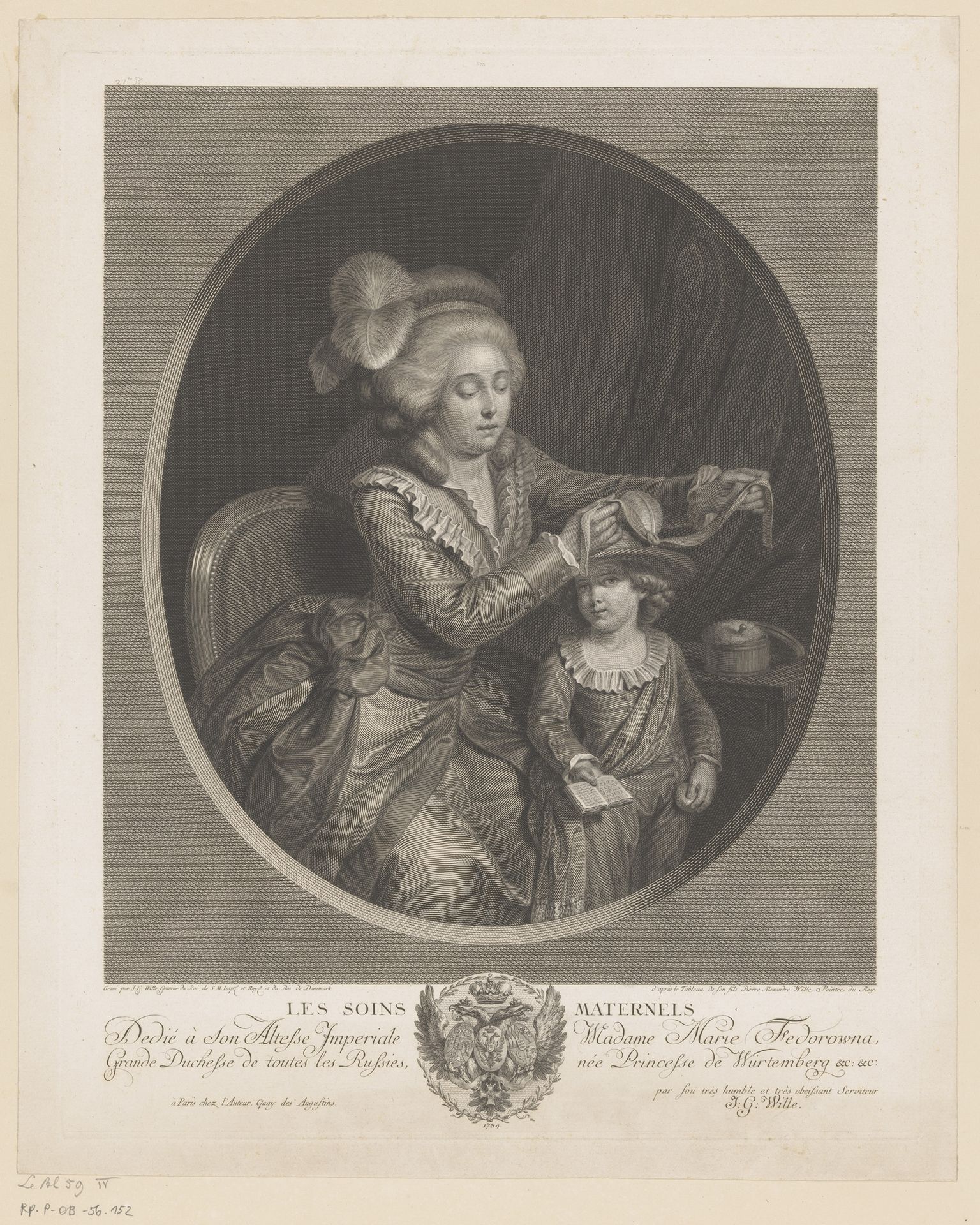 Vrouw strikt een lint om de hoed van een kind by Johann Georg Wille