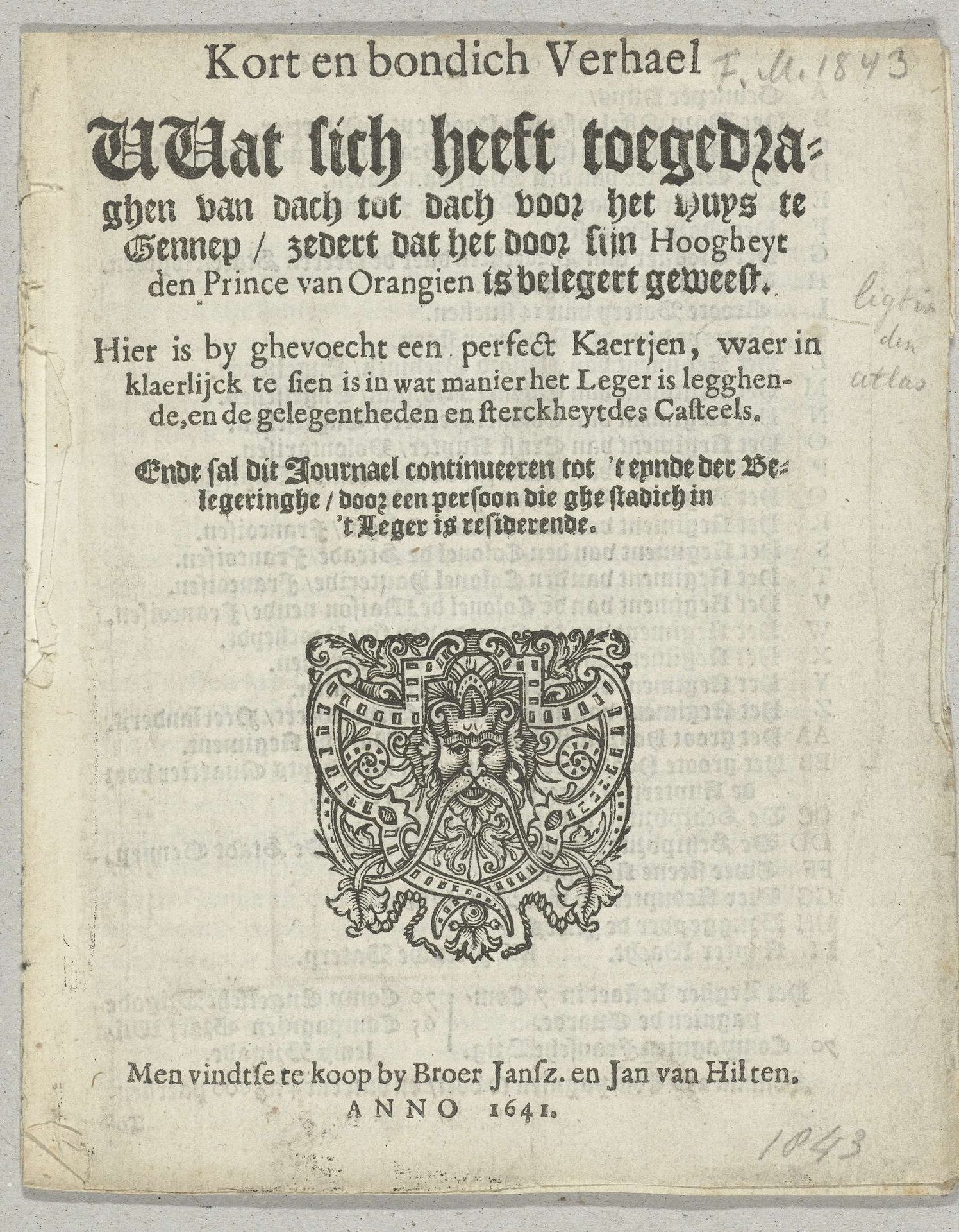 Titelpagina van het pamflet Kort en bondich Verhael over het beleg van Huis te Gennep, 1641 by Broer (Amsterdam) Jansz.