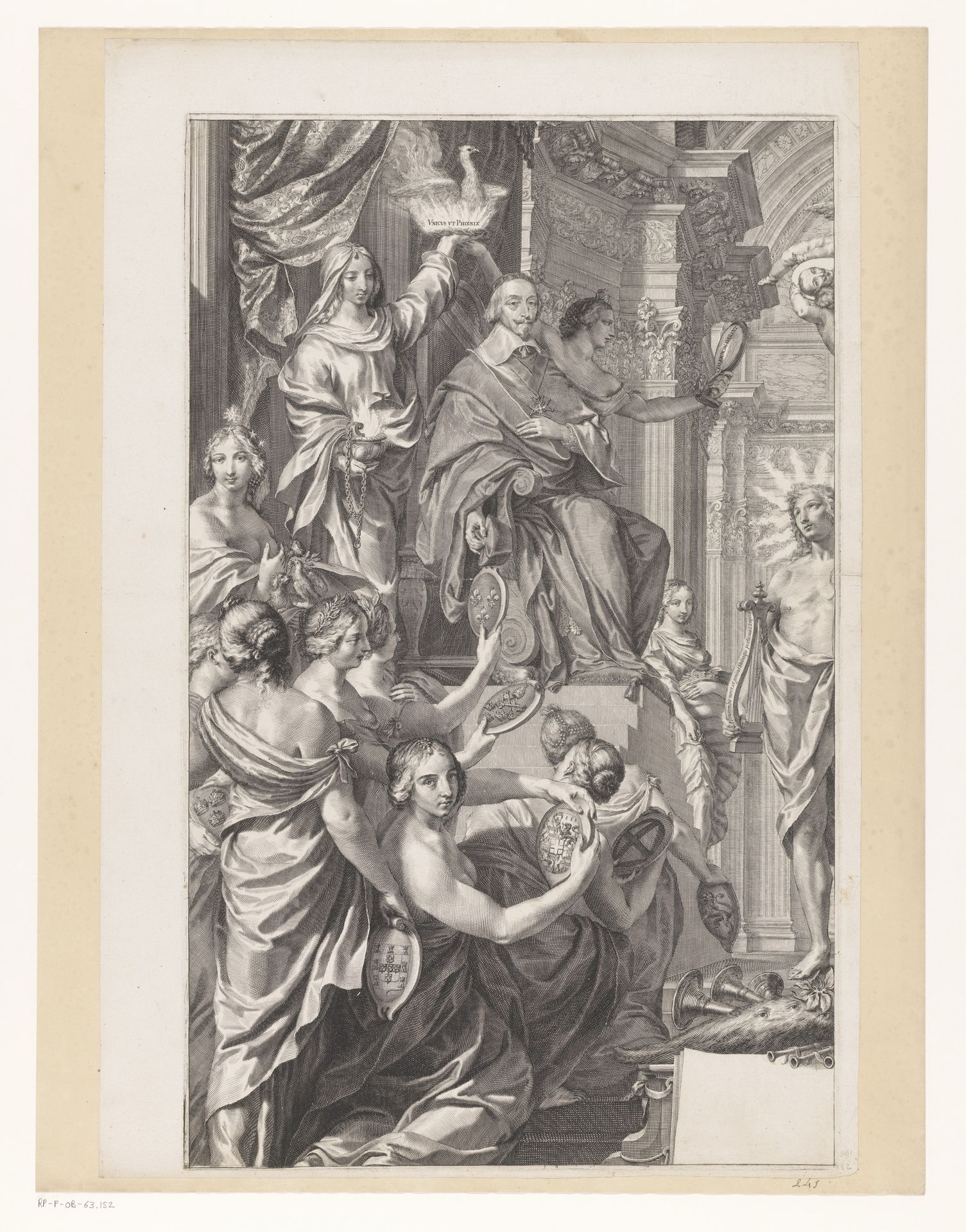 Allegorische voorstelling met Armand-Jean du Plessis hertog van Richelieu, in het gezelschap van Apollo en Neptunus (linker bovendeel) by Grégoire Huret