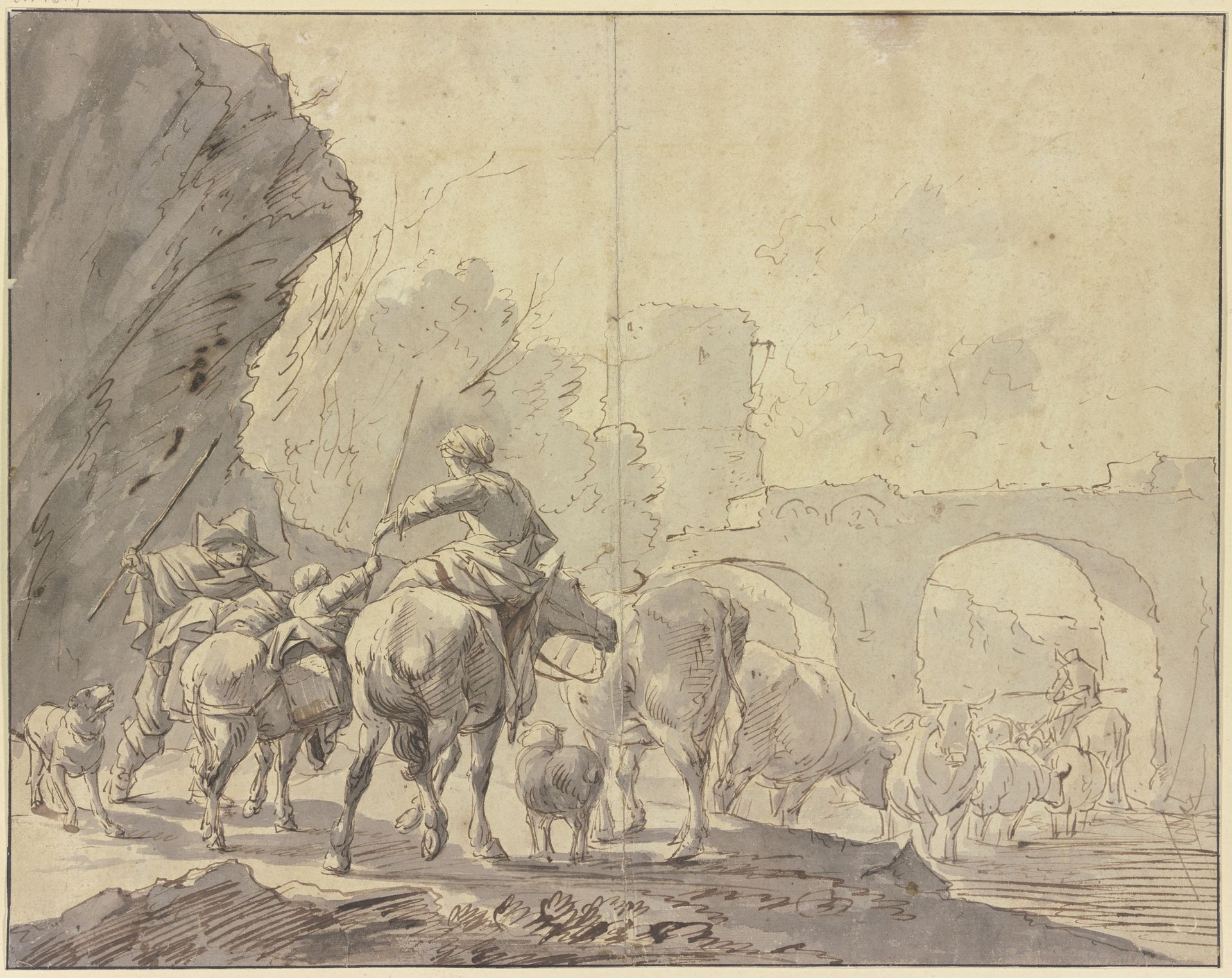 Eine Herde zieht durch Wasser unter einem Brückenbogen durch, gefolgt von einer Hirtin zu Pferde, einem Kinde zu Esel und dem Hirten zu Fuß by Johann Heinrich Roos