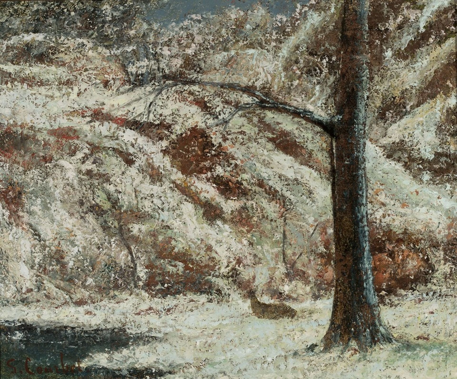 Fawn in the snow in the woods by Gustave Courbet
