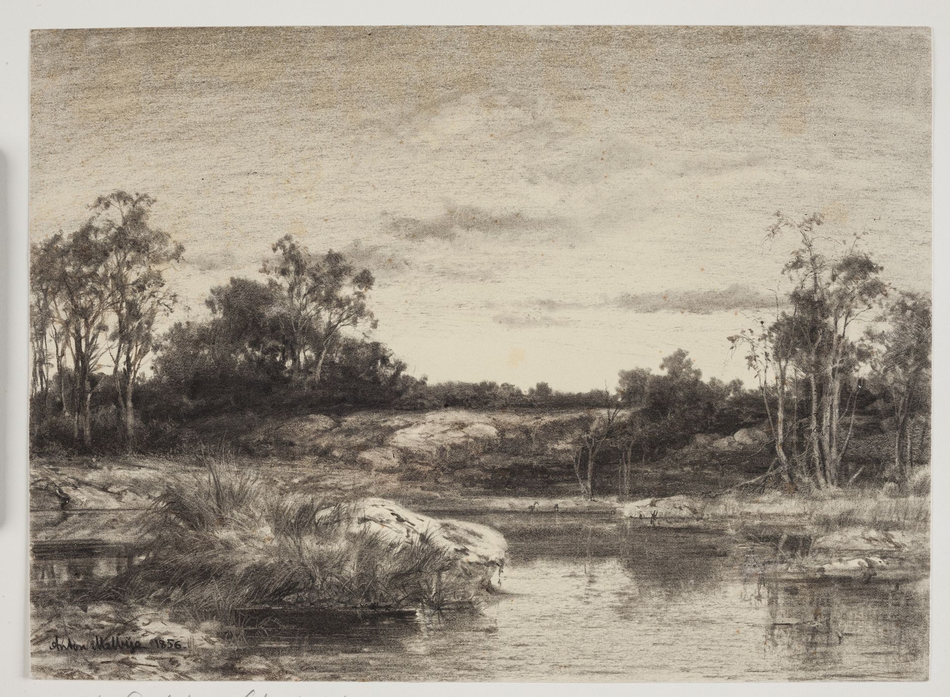 Landscape with a river or lake in the foreground by Anton Melbye
