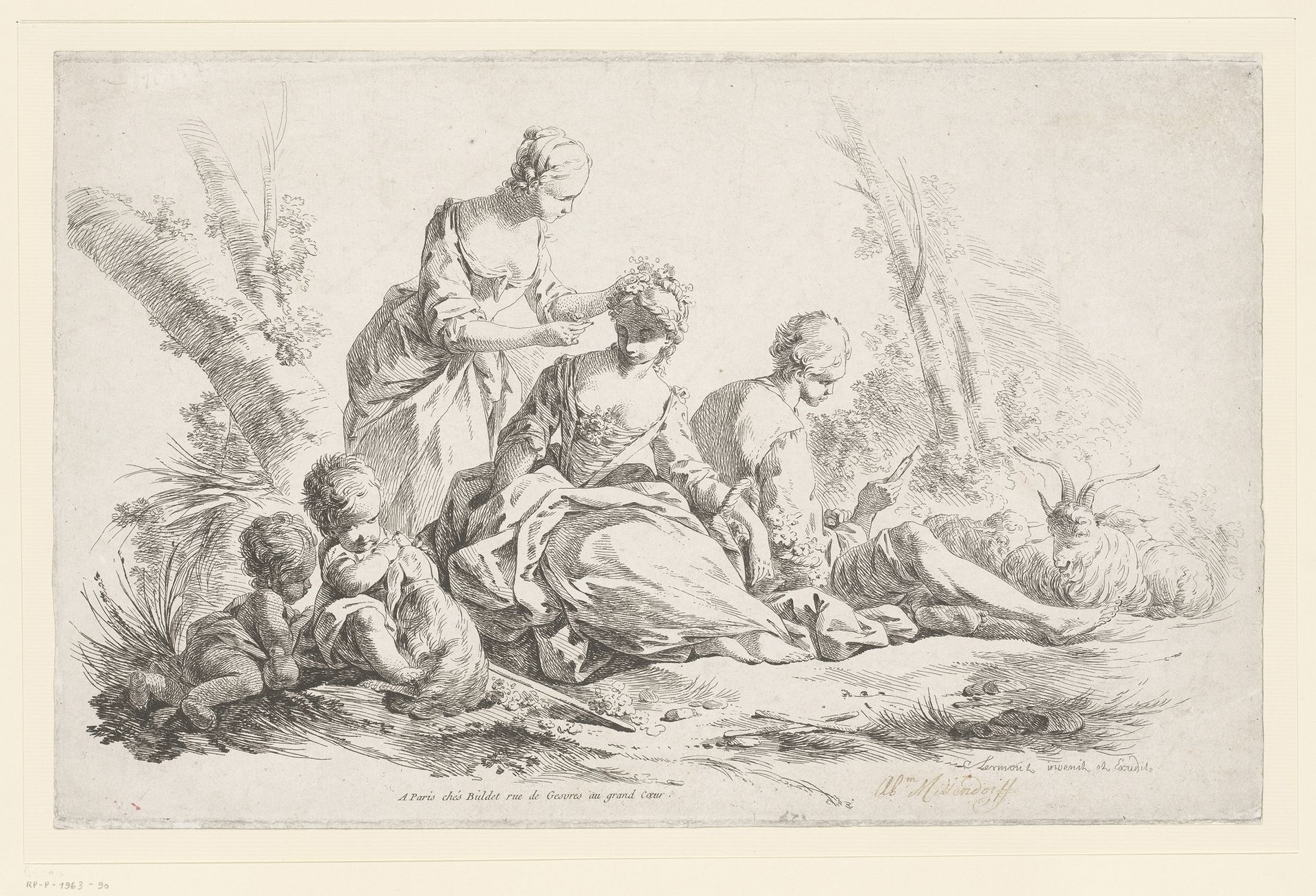 Bloemenplukkende vrouwen en een rustende man met twee kinderen by Jean-François Clermont