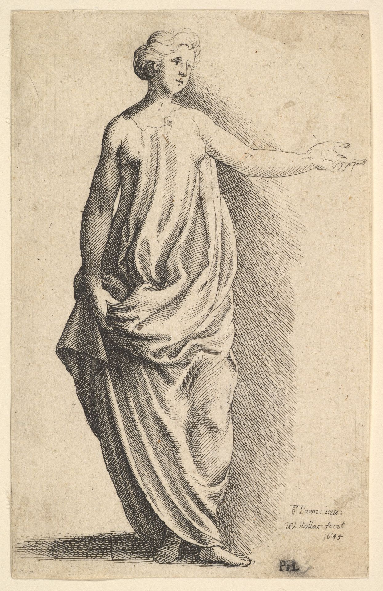 Standing female figure in loose classical robe, with arm outstretched by Wenceslaus Hollar