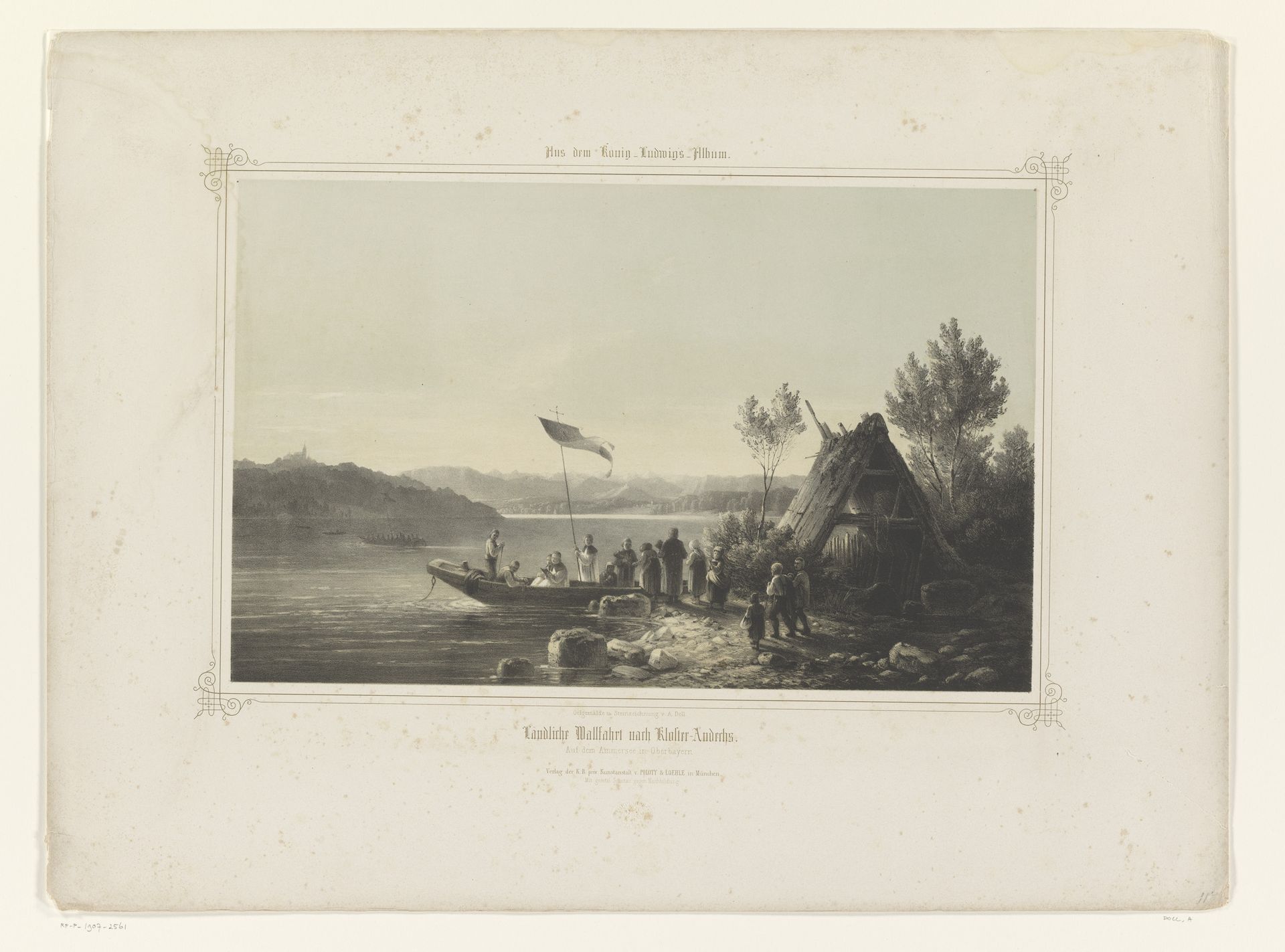 Mensen steken met roeiboten een rivier over naar de abdij van Andechs by Anton Doll