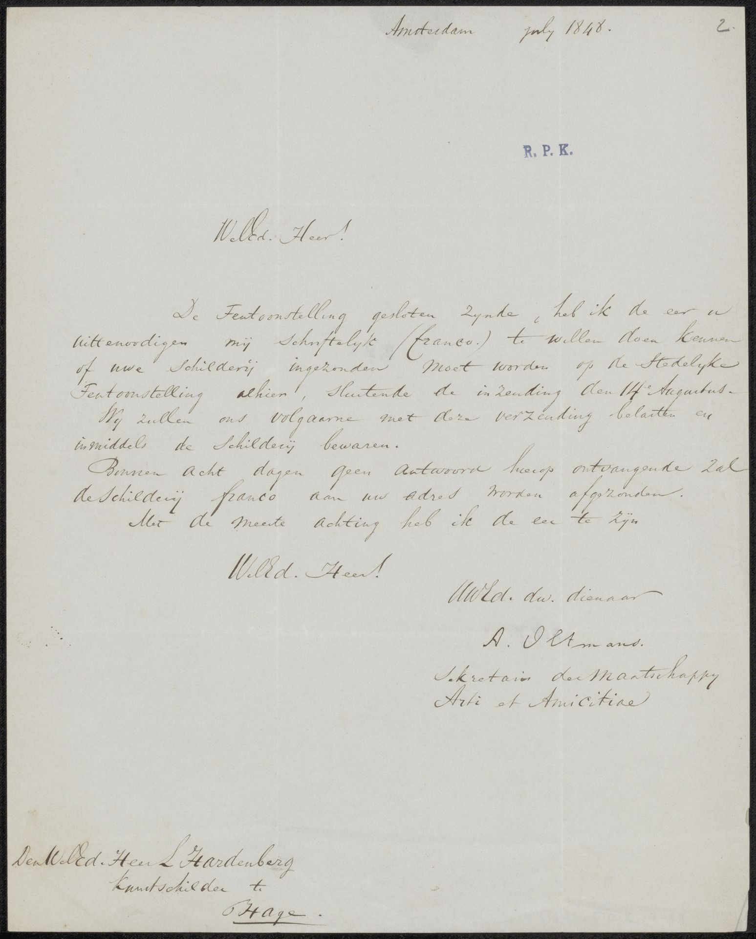 Brief aan L. Hardenberg by Alexander Oltmans