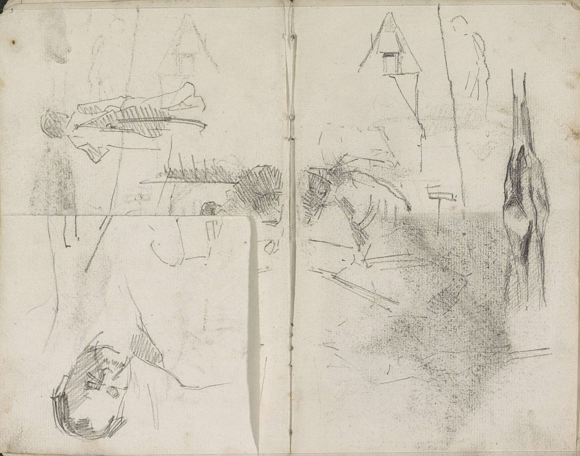 Studieblad met figuren, een gebouw en een paardenbeen by George Hendrik Breitner