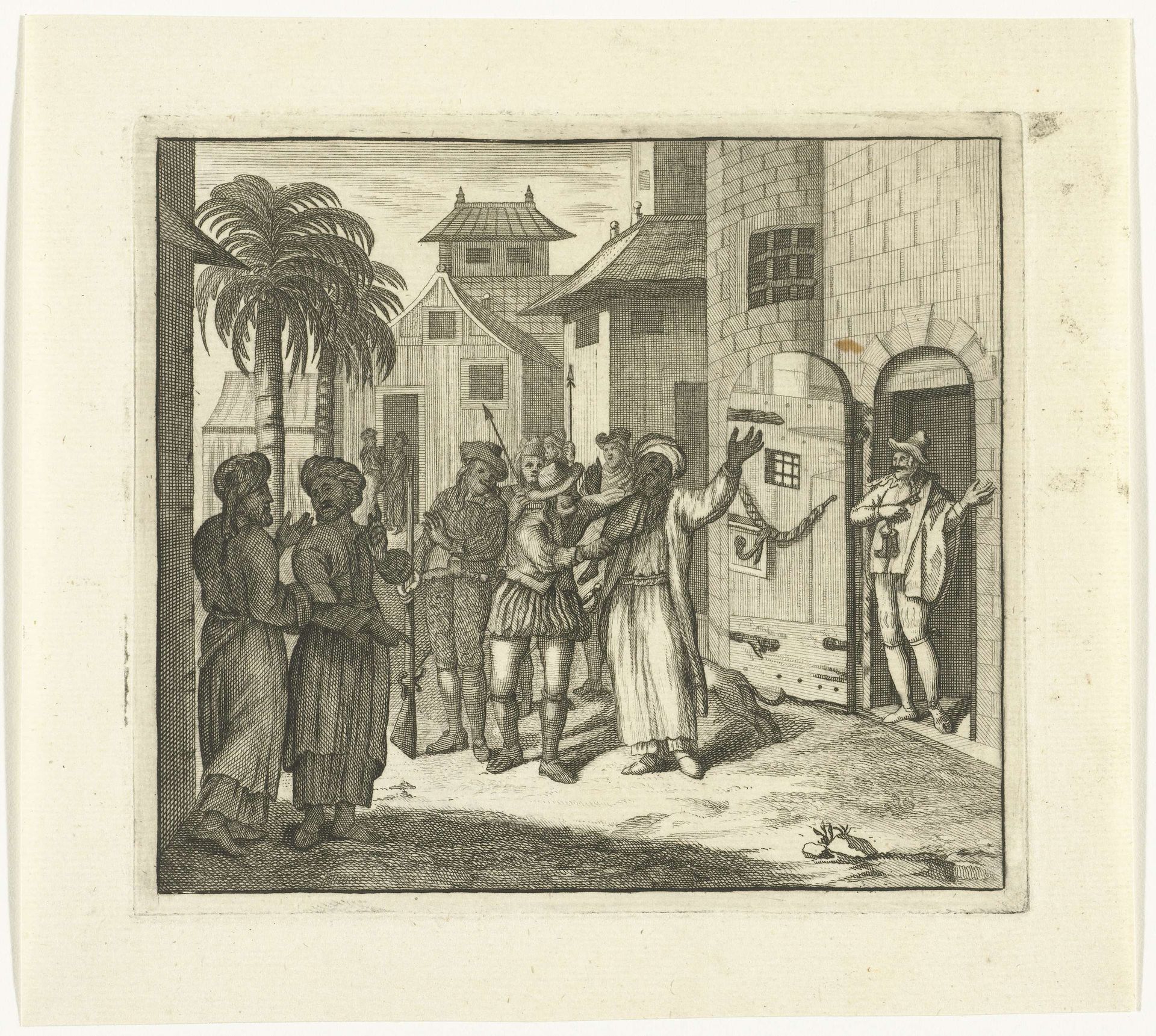Man met tulband op het hoofd wordt de gevangenis binnengebracht by Reynier Blokhuysen