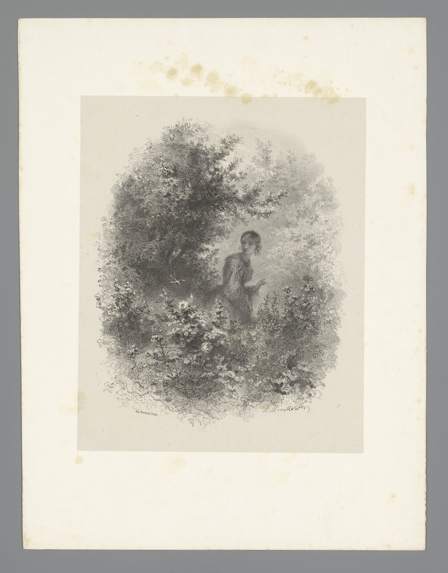 Jonge vrouw kijkt naar zwaluw tussen het groen by Adolphe Mouilleron