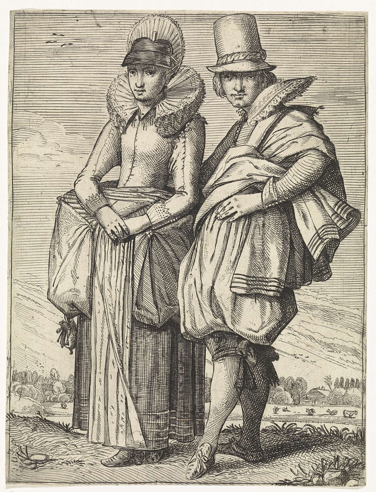 Man en vrouw gekleed volgens de mode van ca. 1625 by Simon Poelenburg