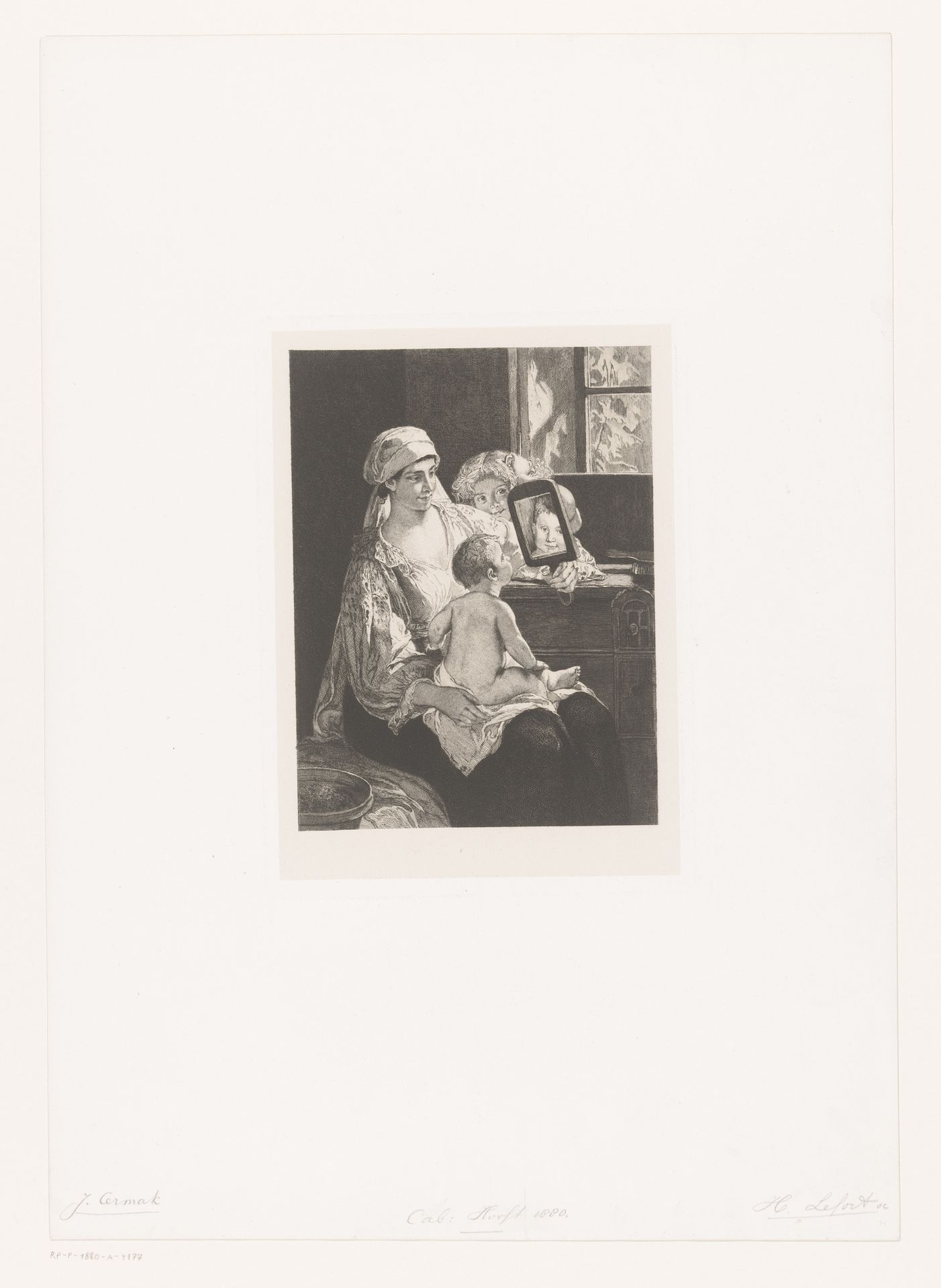 Moeder met kinderen en spiegel by Henri Emile Lefort