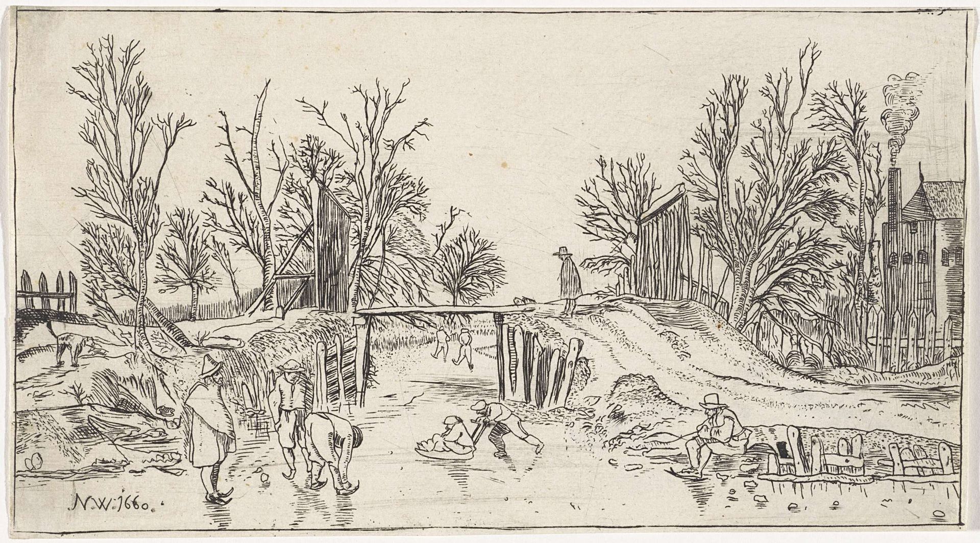 Schaatsers bij een houten brug by Nicolaes Cornelisz. Witsen