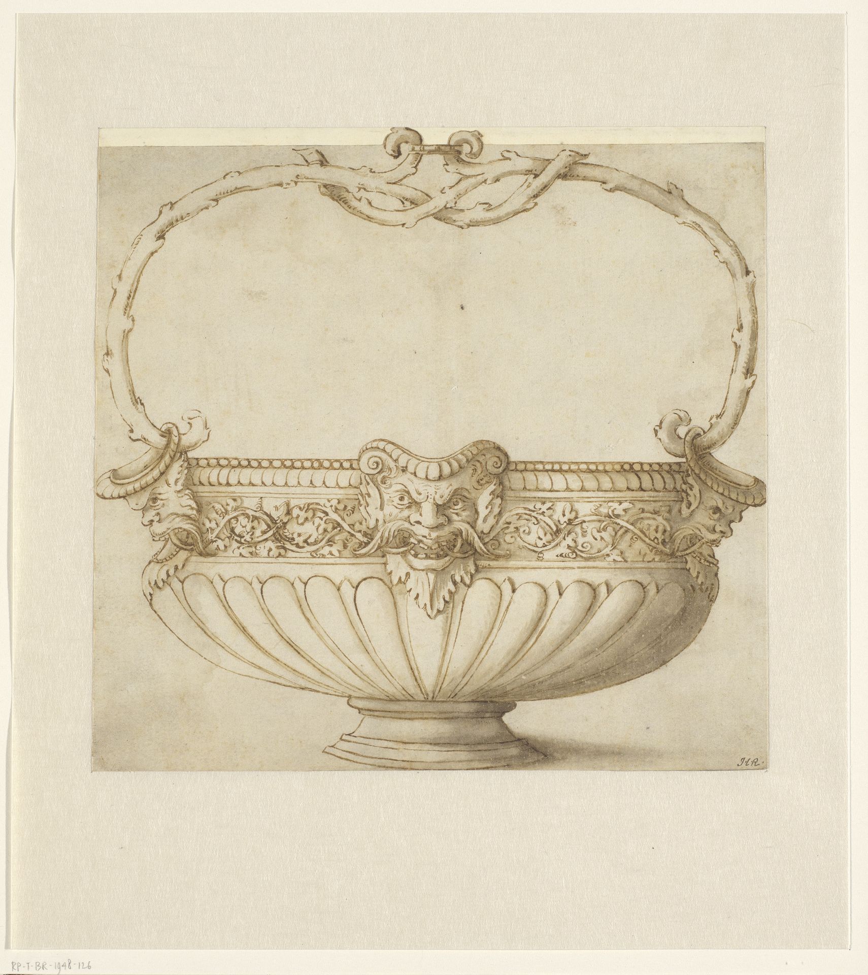 Ontwerp voor een bekken met drie saterkoppen en een handvat van takken by Giulio Romano