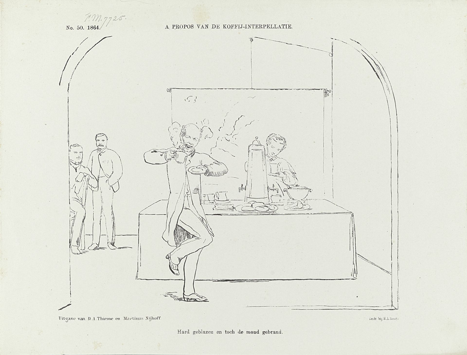 Spotprent op de interpellatie van Rochussen over het omhakken van koffiebomen in Indië, 1864 by Johan Michaël Schmidt Crans