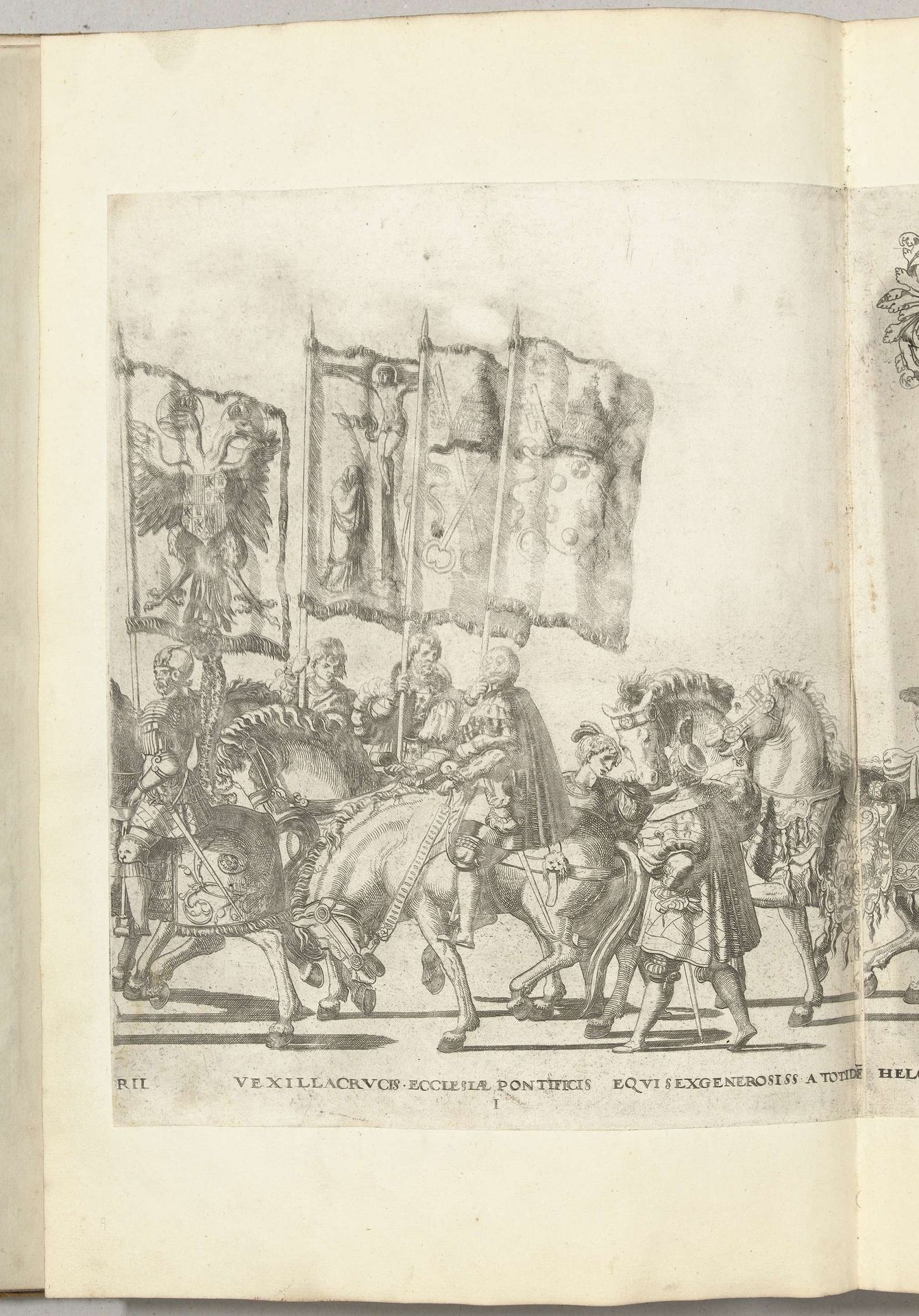 Vaandeldragers met wapens van Habsburg en de paus van Rome, plaat I by Nicolaas Hogenberg