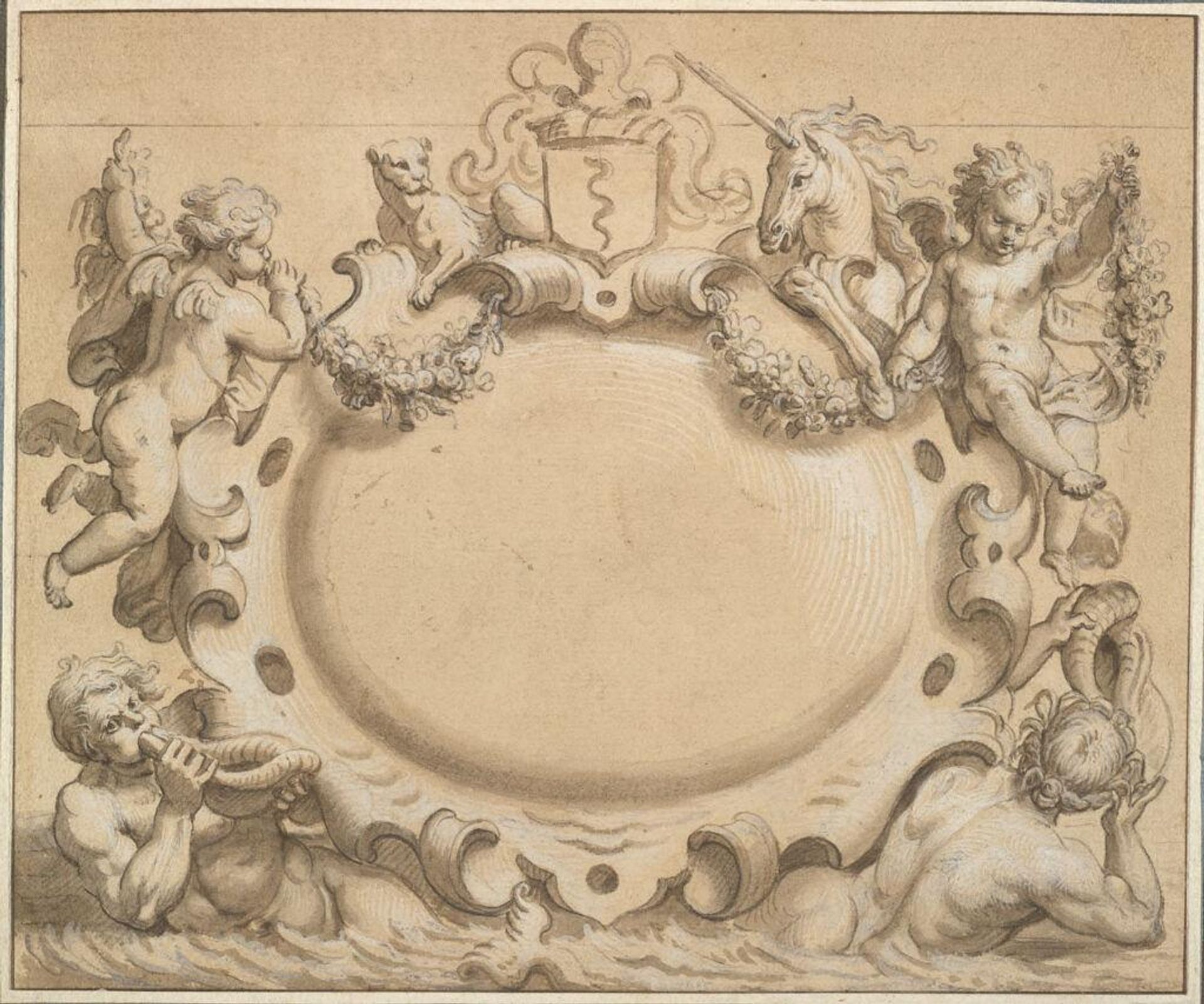 Cartouche with the Arms of Jean-Baptiste Colbert, Surrounded by Putti and Tritons by Anonymous