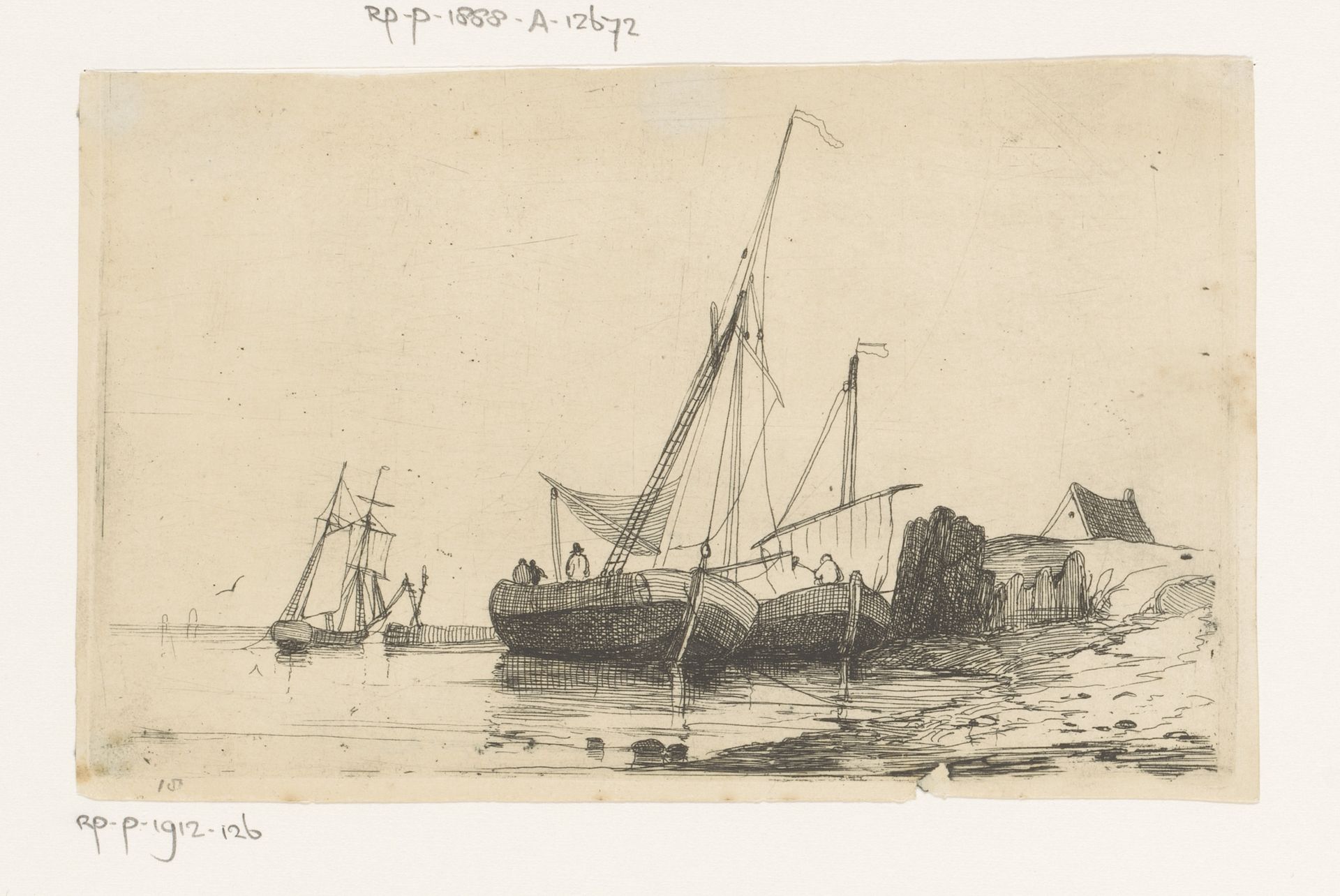 Twee zeilschepen aan de kust by Egidius Linnig