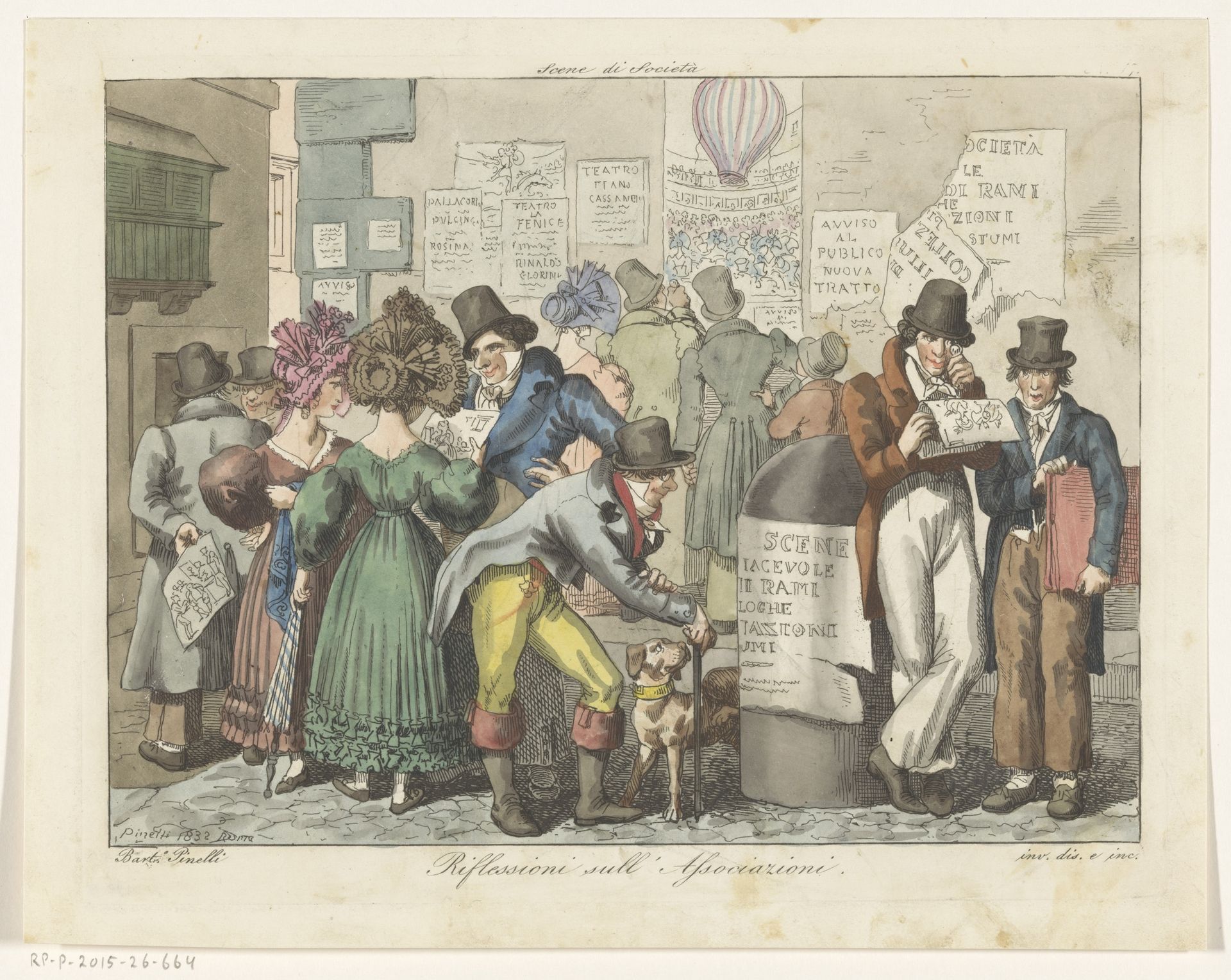 Plein met mannen en vrouwen die prenten en aanplakbiljetten bekijken by Bartolomeo Pinelli