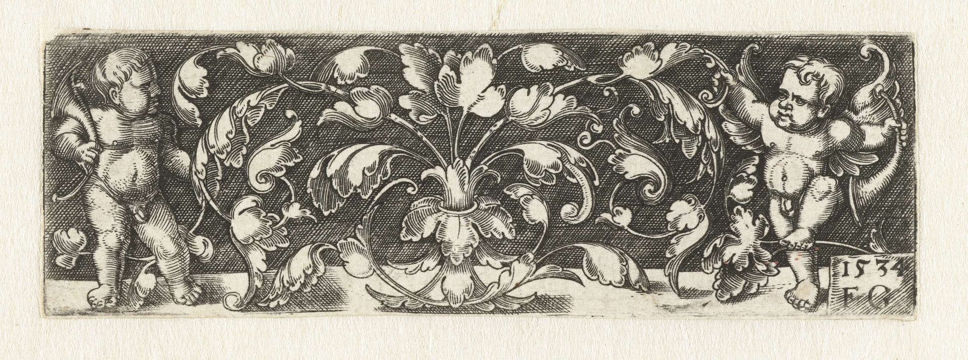 Ornament met twee putti by Monogrammist FG