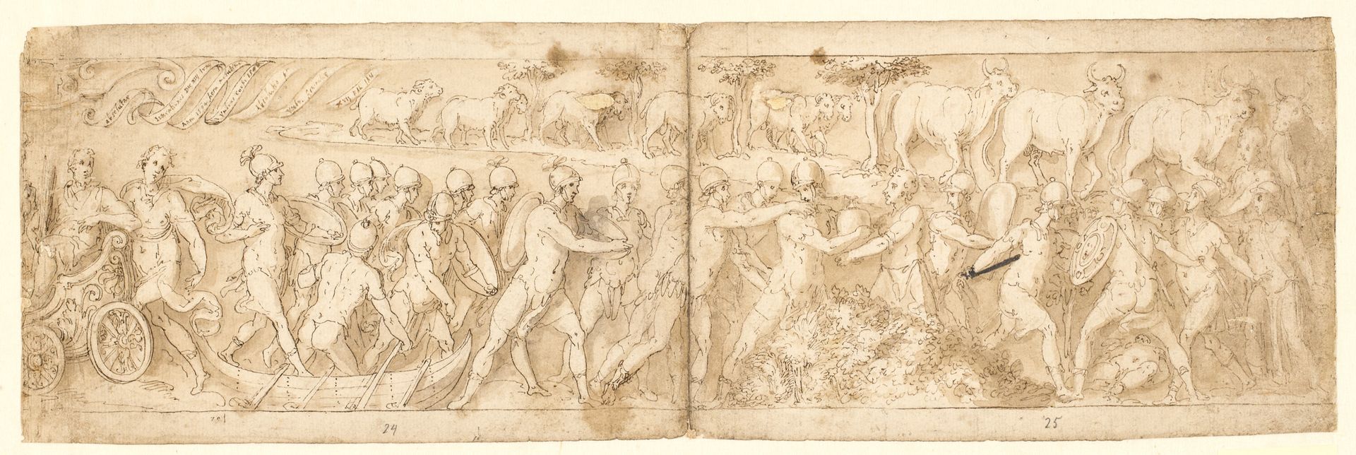 Barbarian fugitives and their animals are brought out of their hiding-place (CXVI); at upper left the end of a cartouche with a scroll (Guerra’s own addition) by Giovanni Guerra