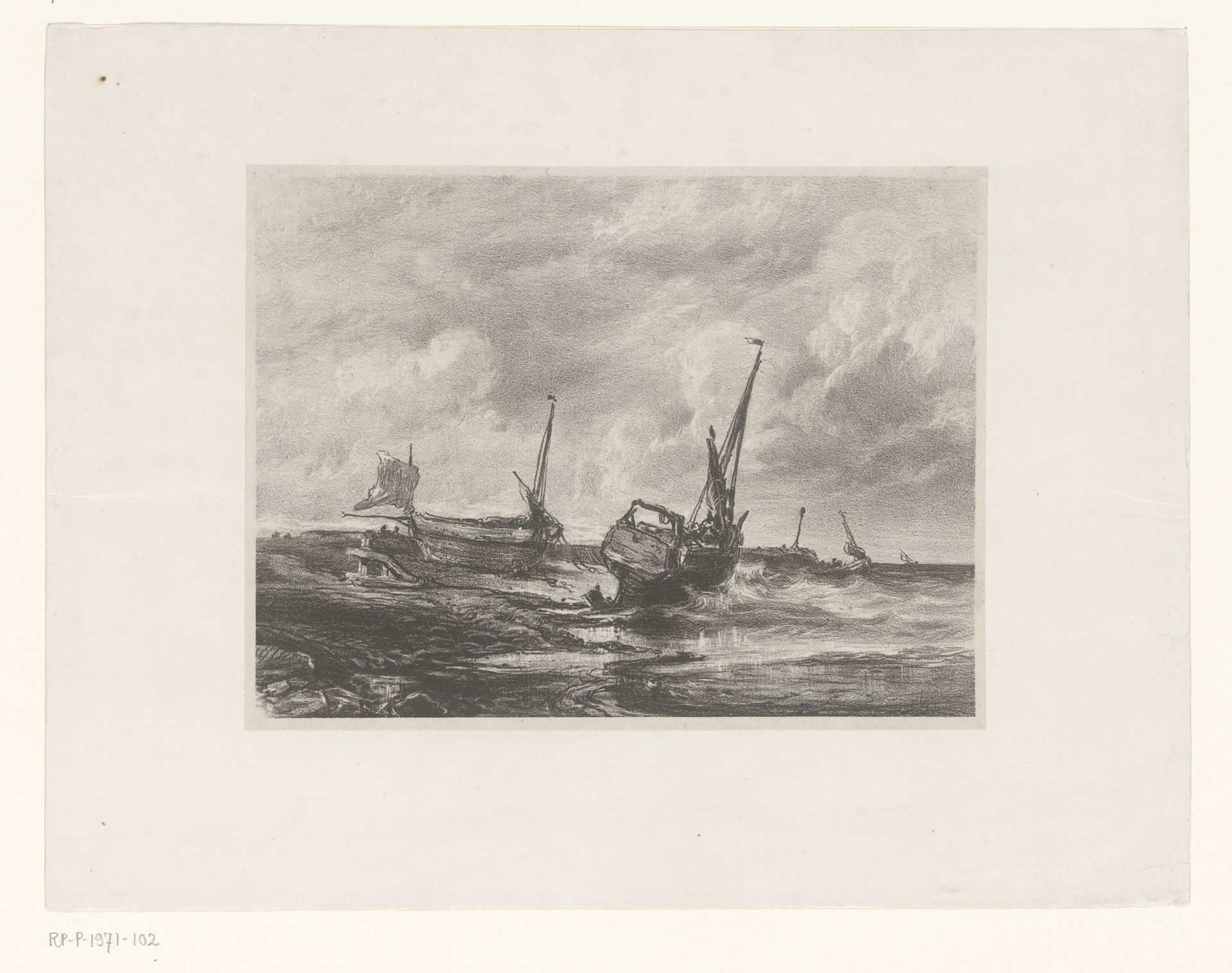 Boten op het strand bij eb by Eugène Isabey