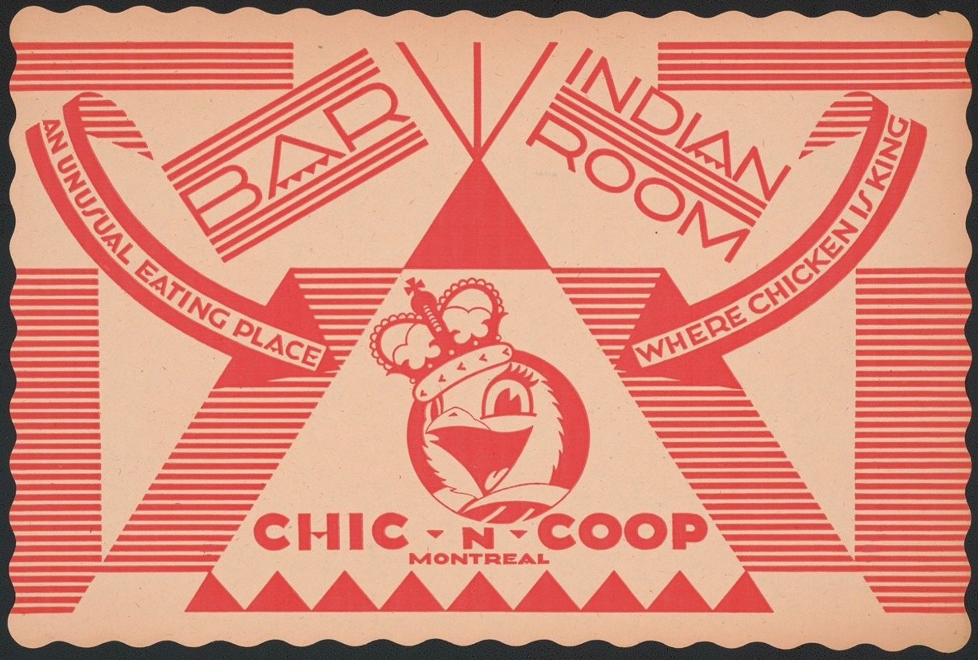 Designs for Indian Room, Chic-n-Coop Restaurant, Montreal, Canada.] [Placemat design with chicken character wearing crown by Winold Reiss