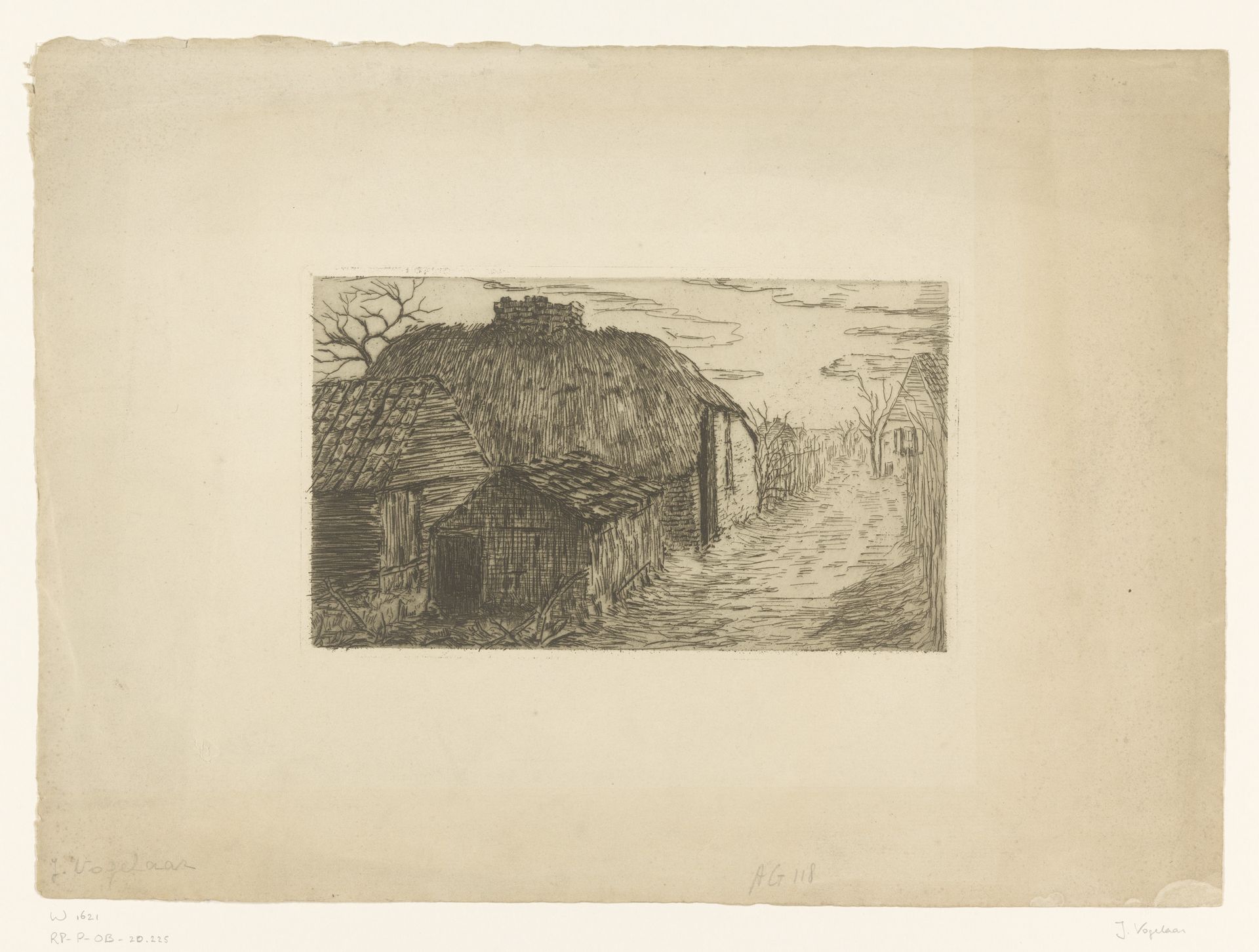 Boerenhutten aan een landweg by Johannes Vogelaar