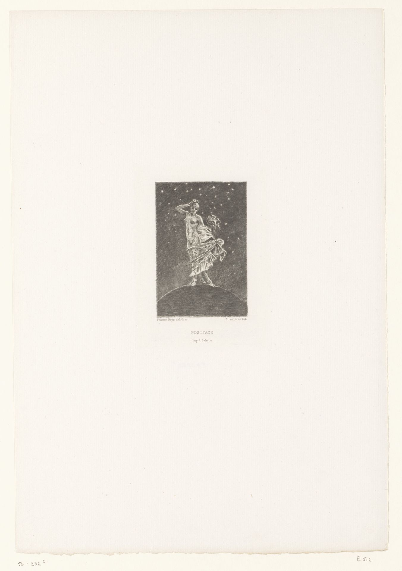Naakte vrouwenfiguur met vier hoeven op een globe voor een sterrenhemel by Felicien Rops