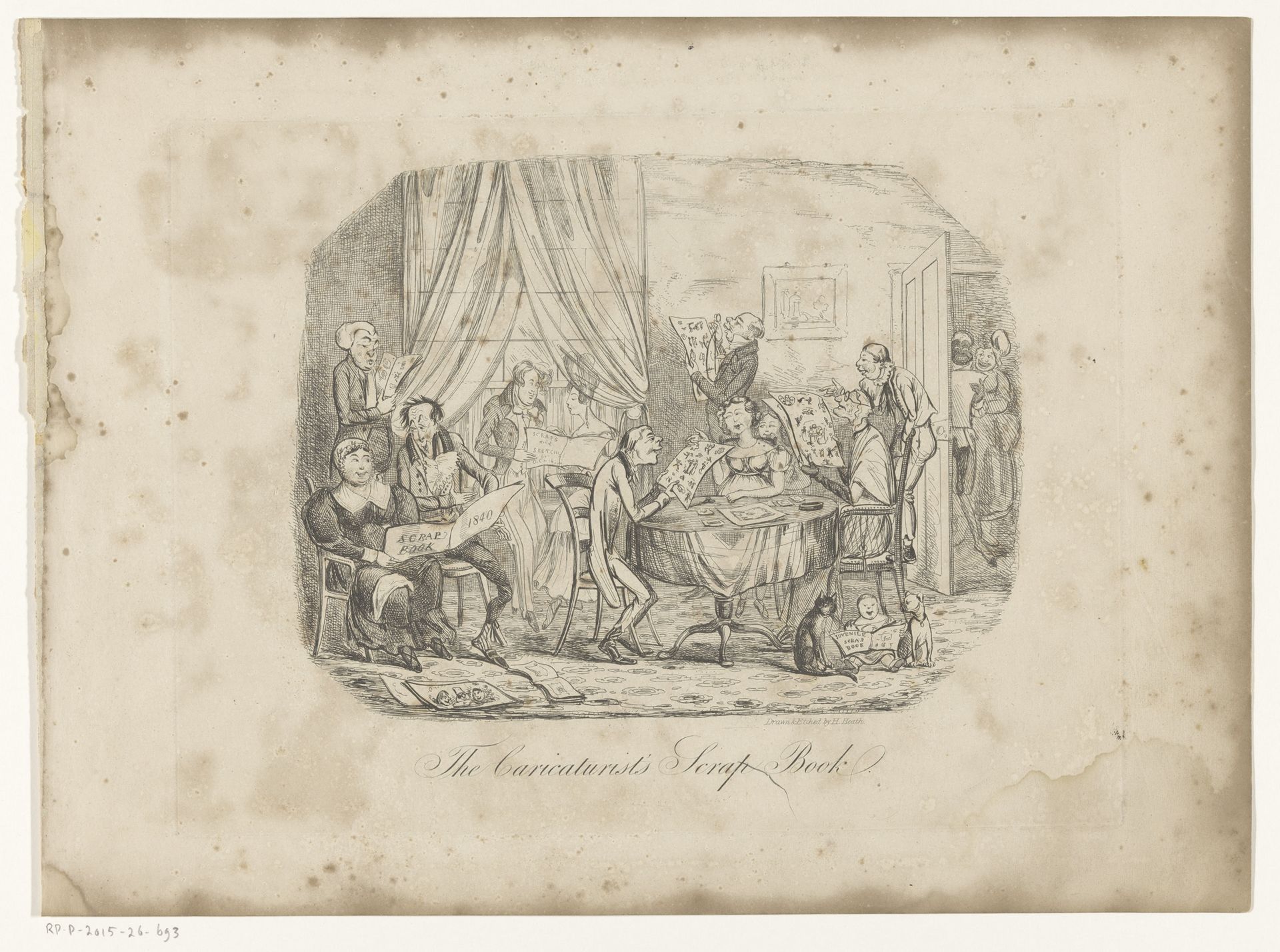 Interieur met mensen die bladen uit The Caricaturist's Scrap Book bekijken by Henry Heath