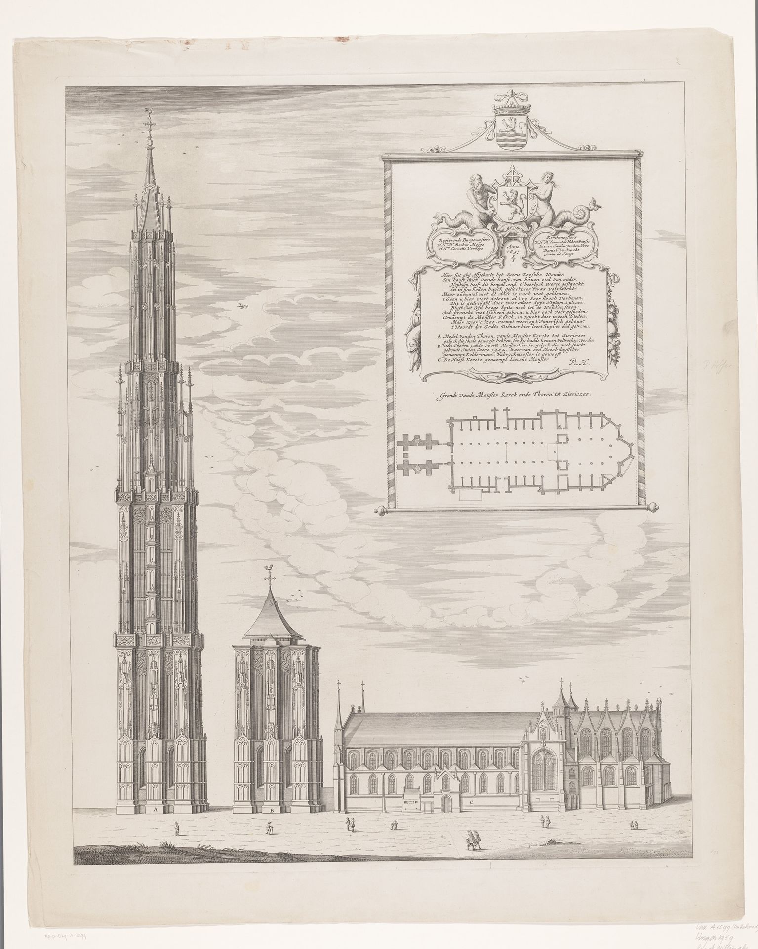 Gezicht op en plattegrond van de Sint-Lievensmonstertoren en de Sint-Lievenskerk by Anthonis Pietersz. van der Willigen